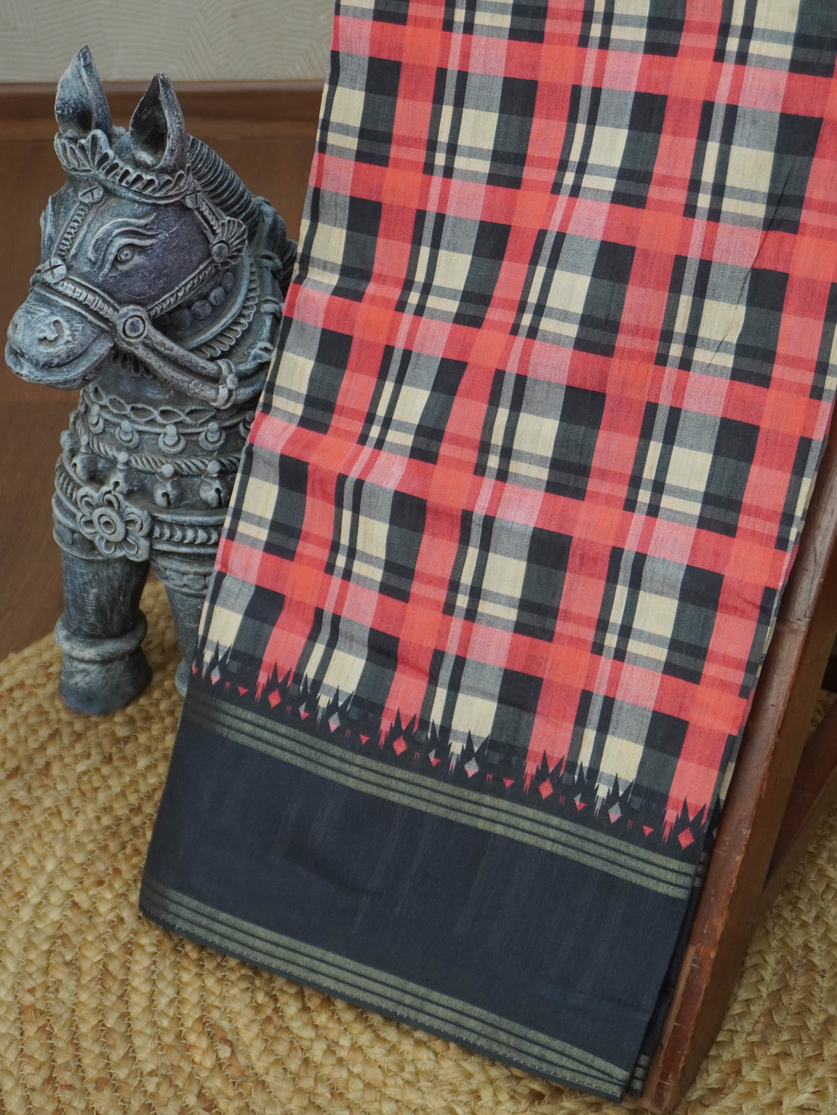 Vintage Checked Tussar Saree | TTDS3708