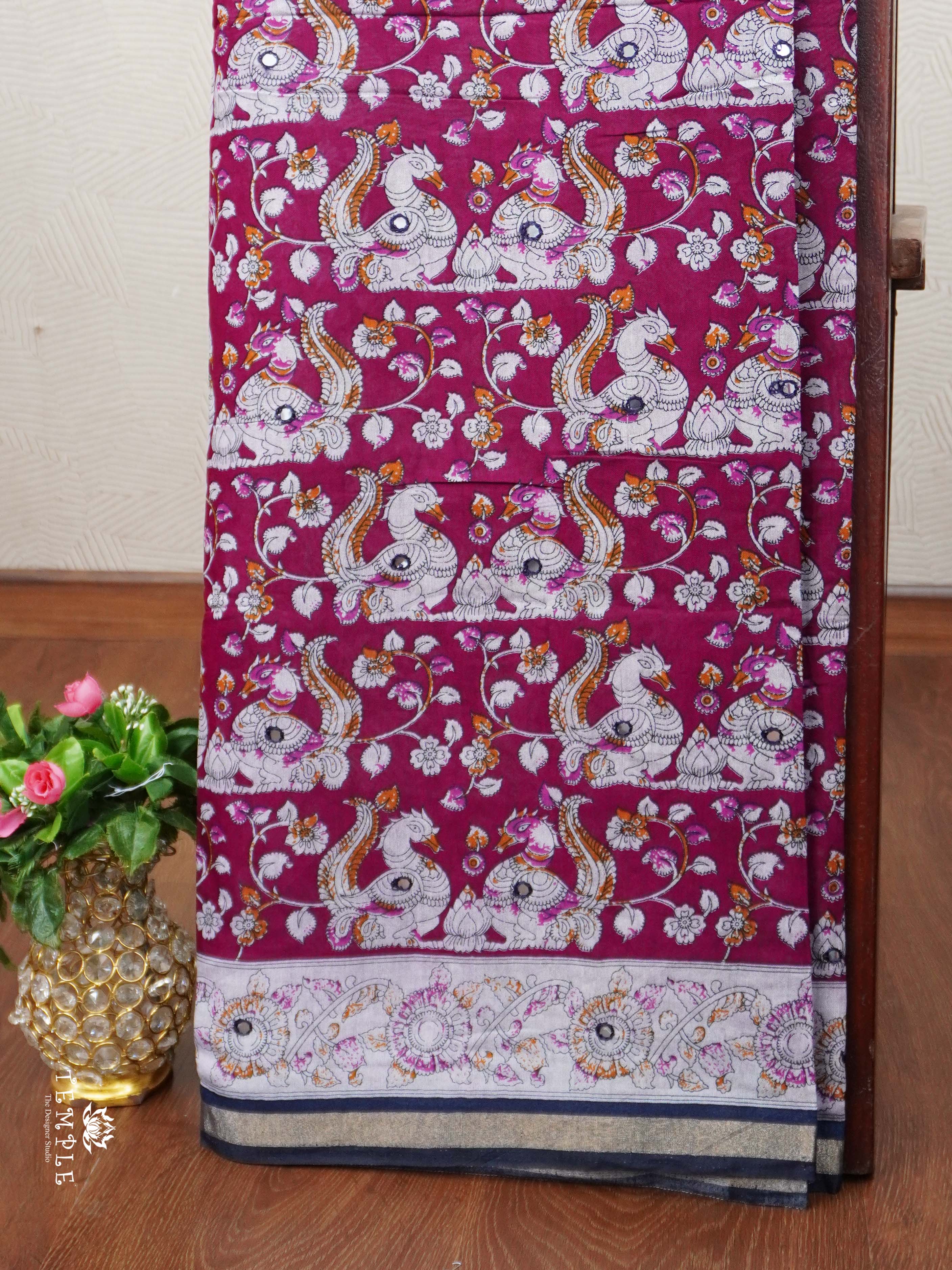 Kalamkari Print Cotton Saree with Mirror Work | TTDS2376