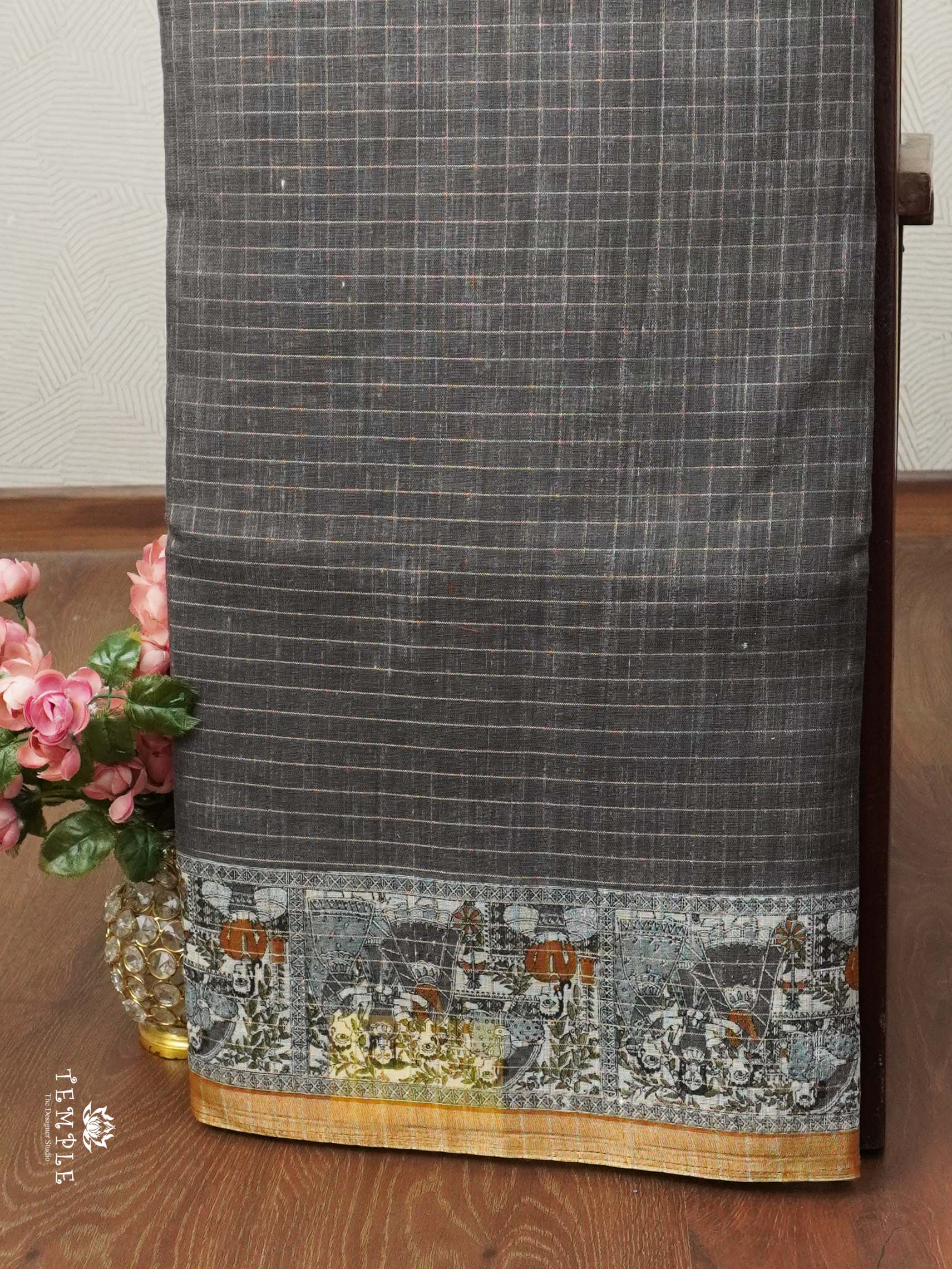Linen Cotton Saree With Madhubani Prints | TTDS1921