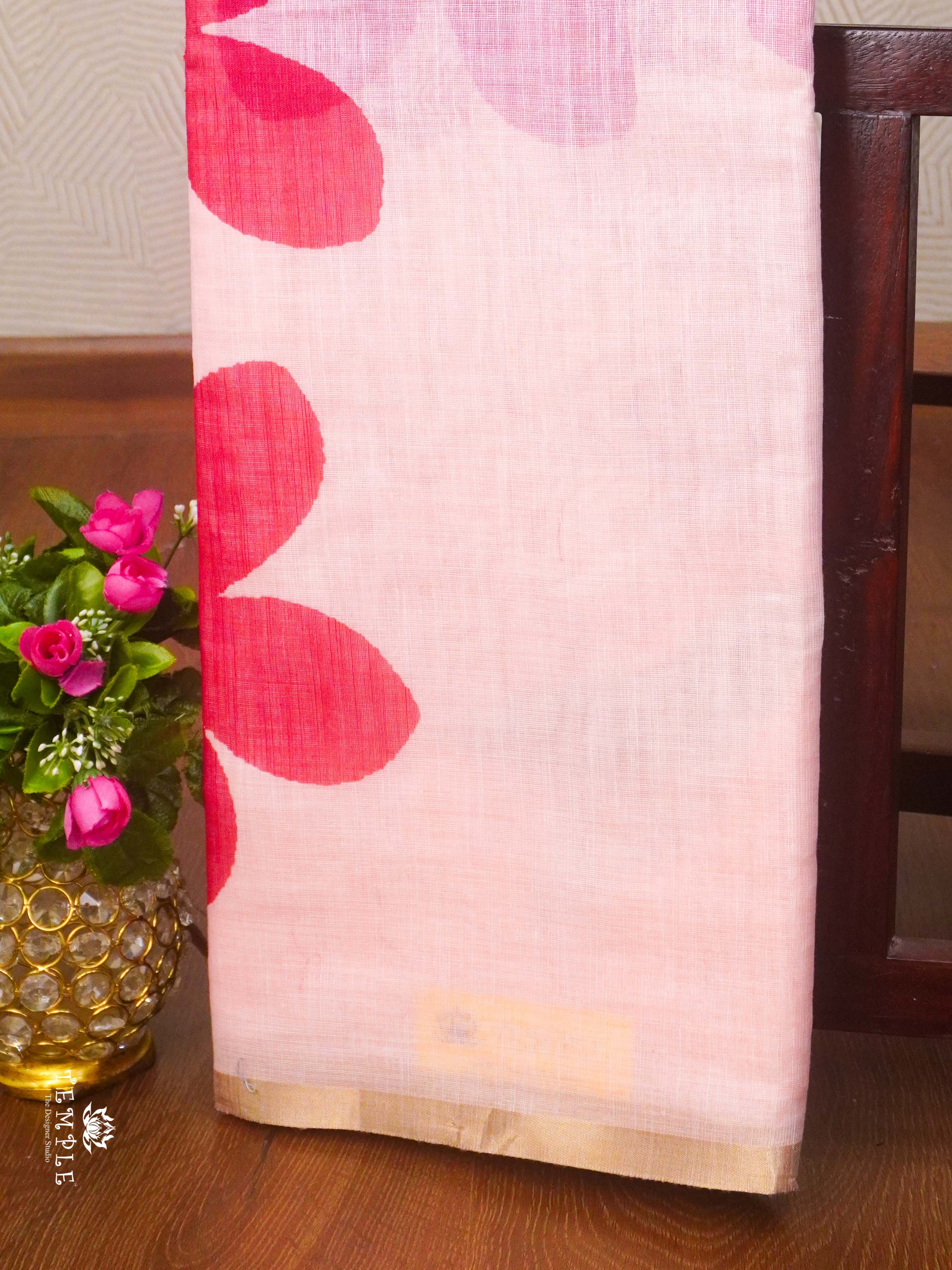 Floral Printed Linen Cotton Saree(Reddish Pink) | TTDS2391