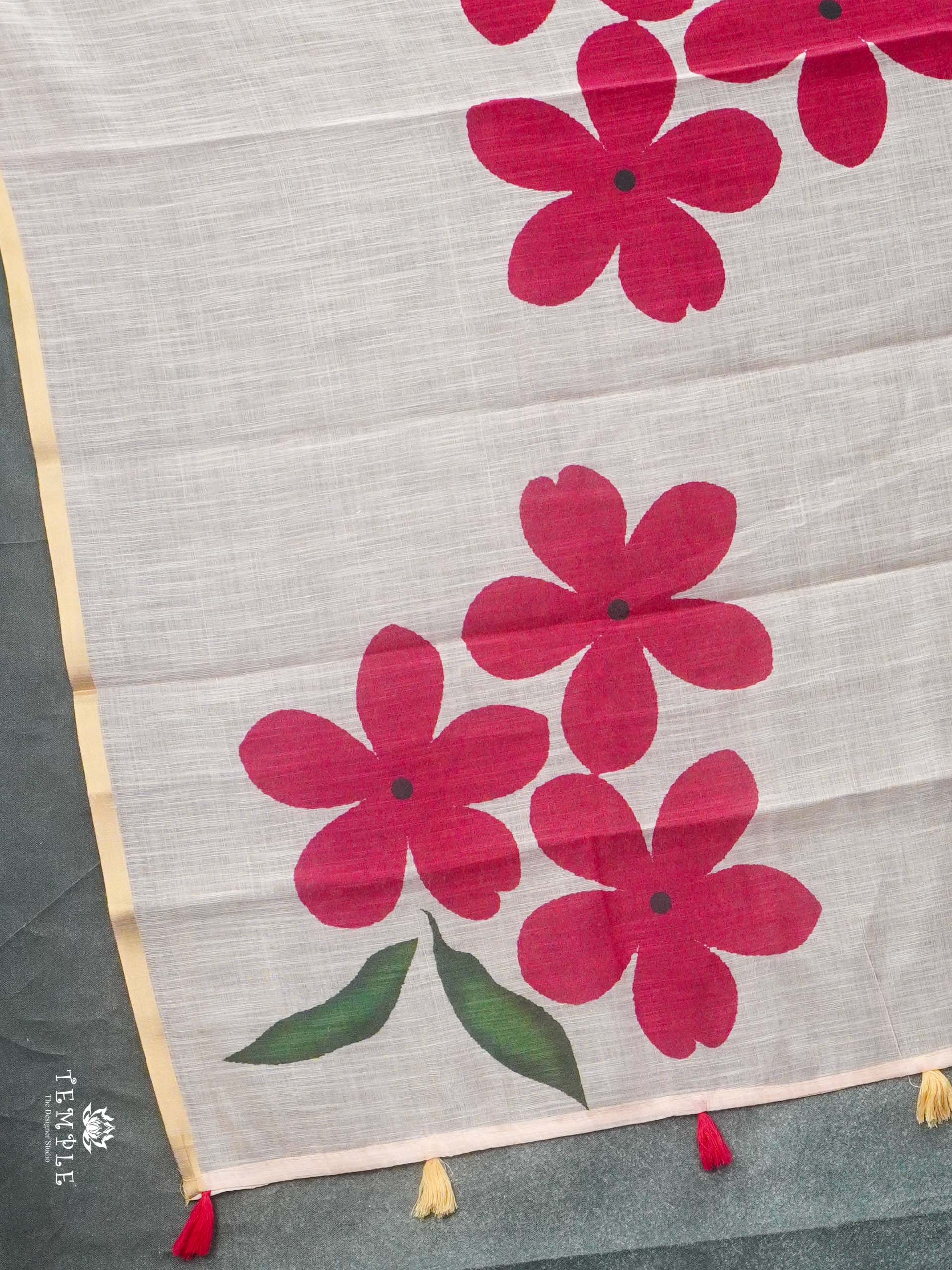 Floral Printed Linen Cotton Saree(Reddish Pink) | TTDS2391