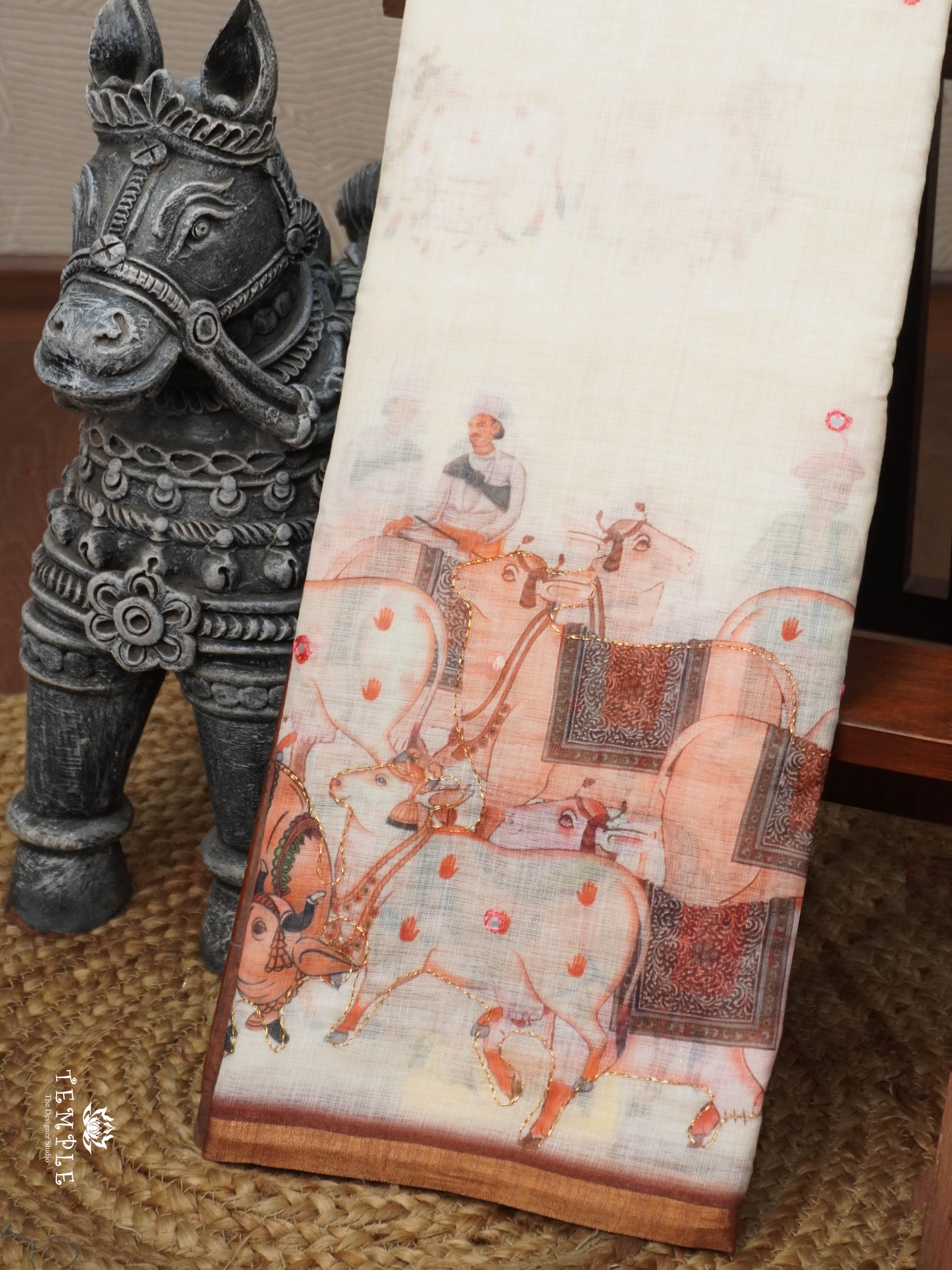 Pichwai Printed Linen Cotton Saree | TTDS2214