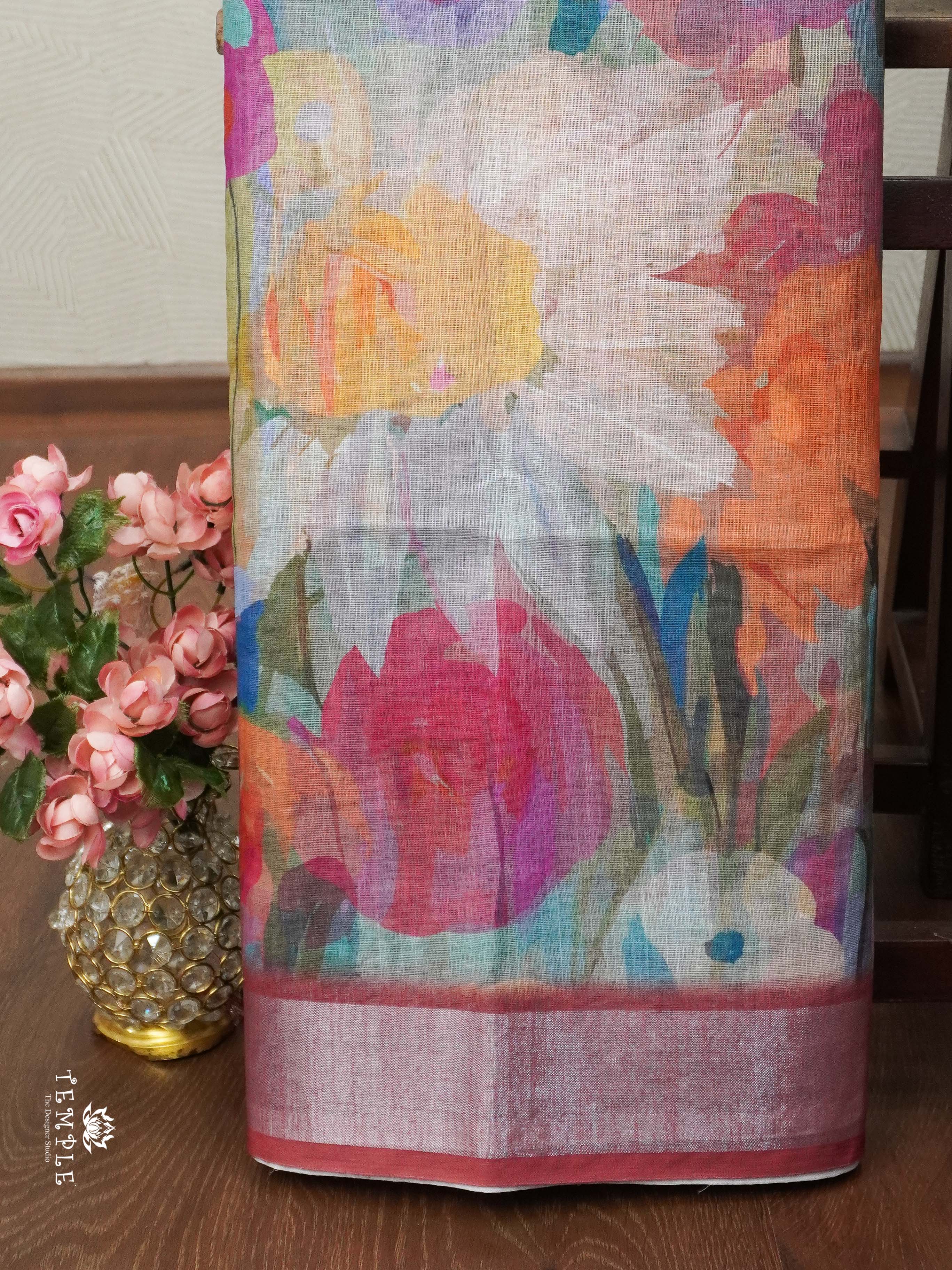 Linen Cotton Saree with Floral Prints | TTDS2020
