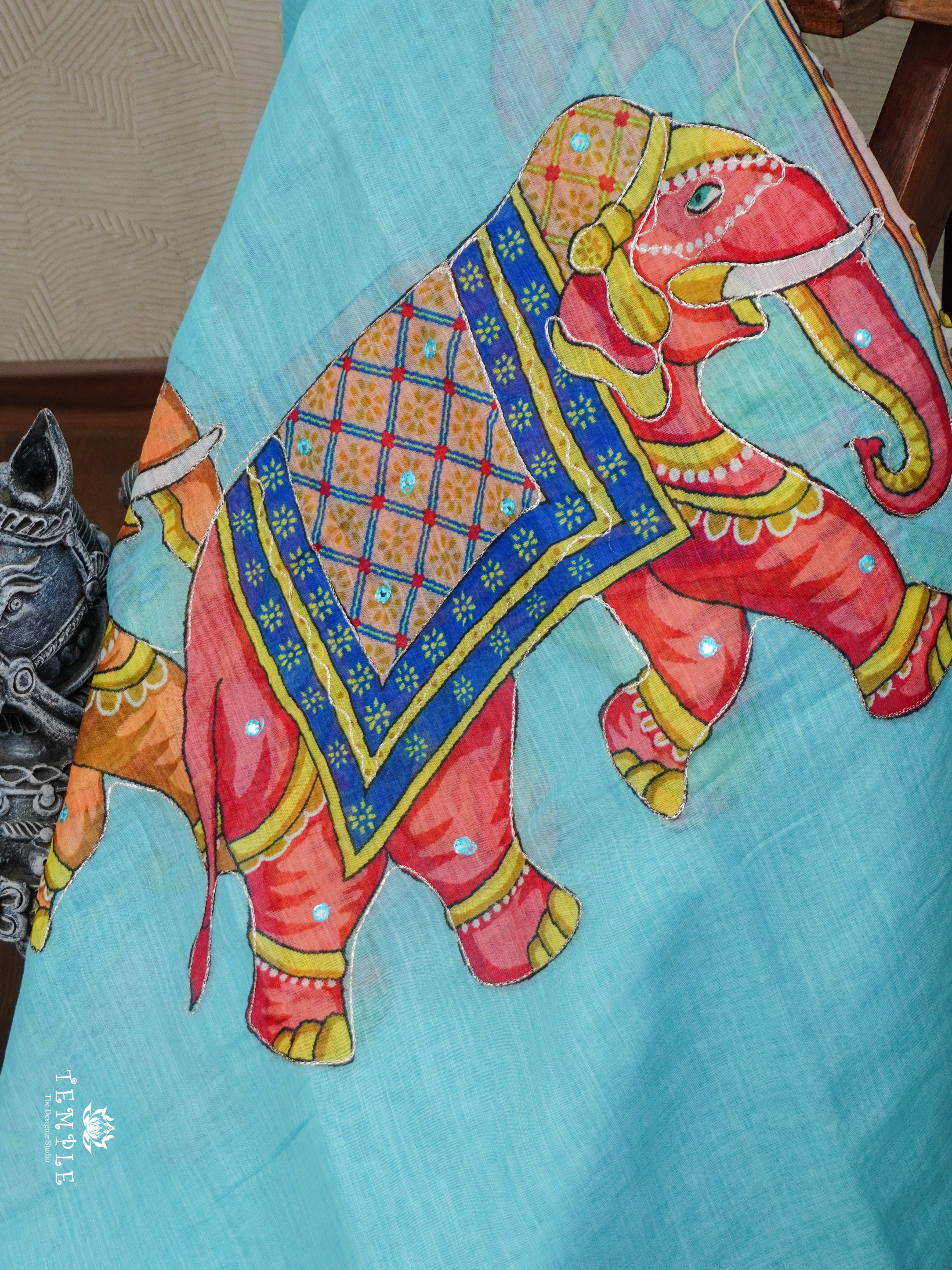 Elephant Printed Linen Cotton Saree | TTDS2976