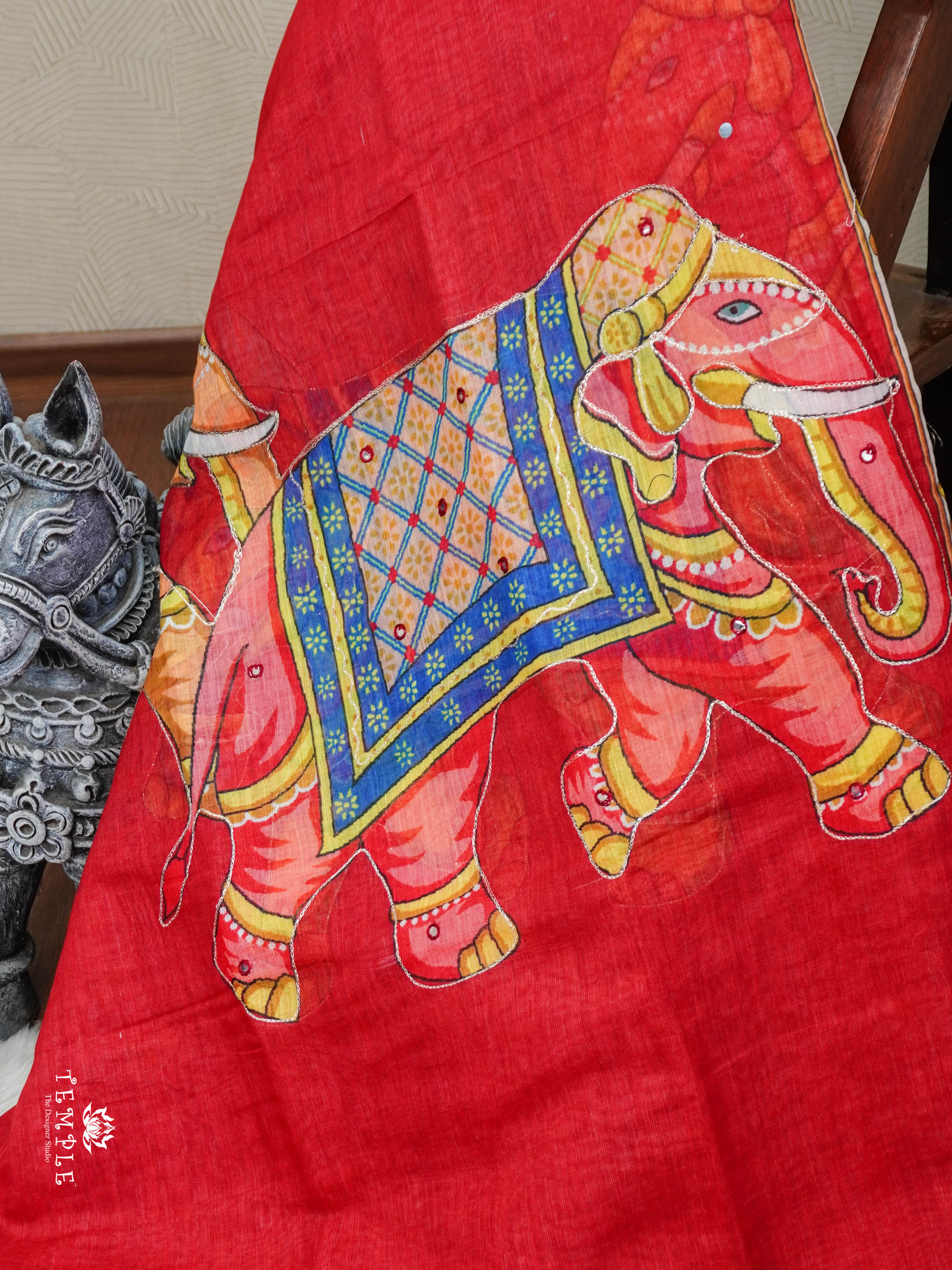 Elephant Printed Linen Cotton Saree | TTDS2976