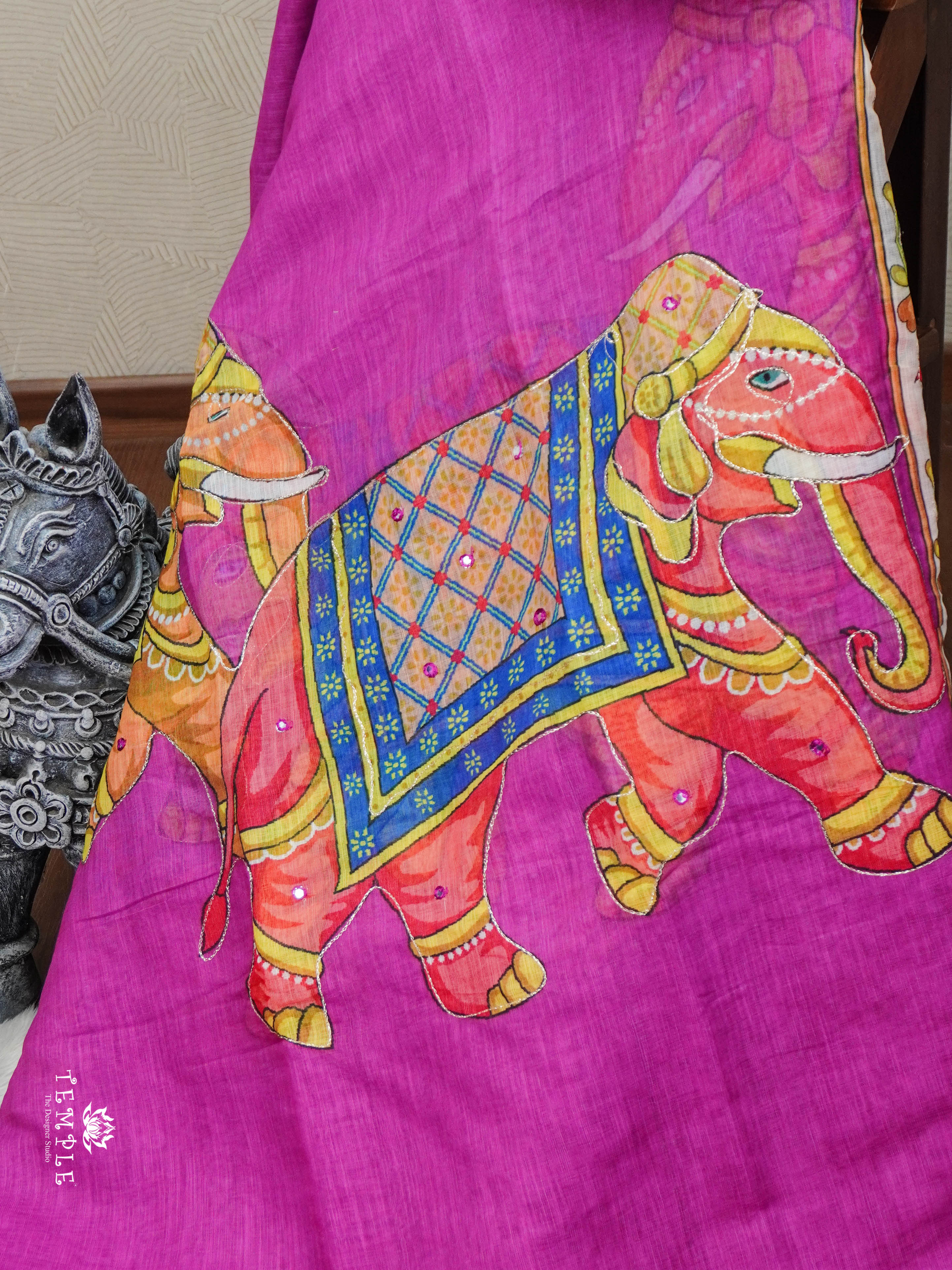 Elephant Printed Linen Cotton Saree | TTDS2976
