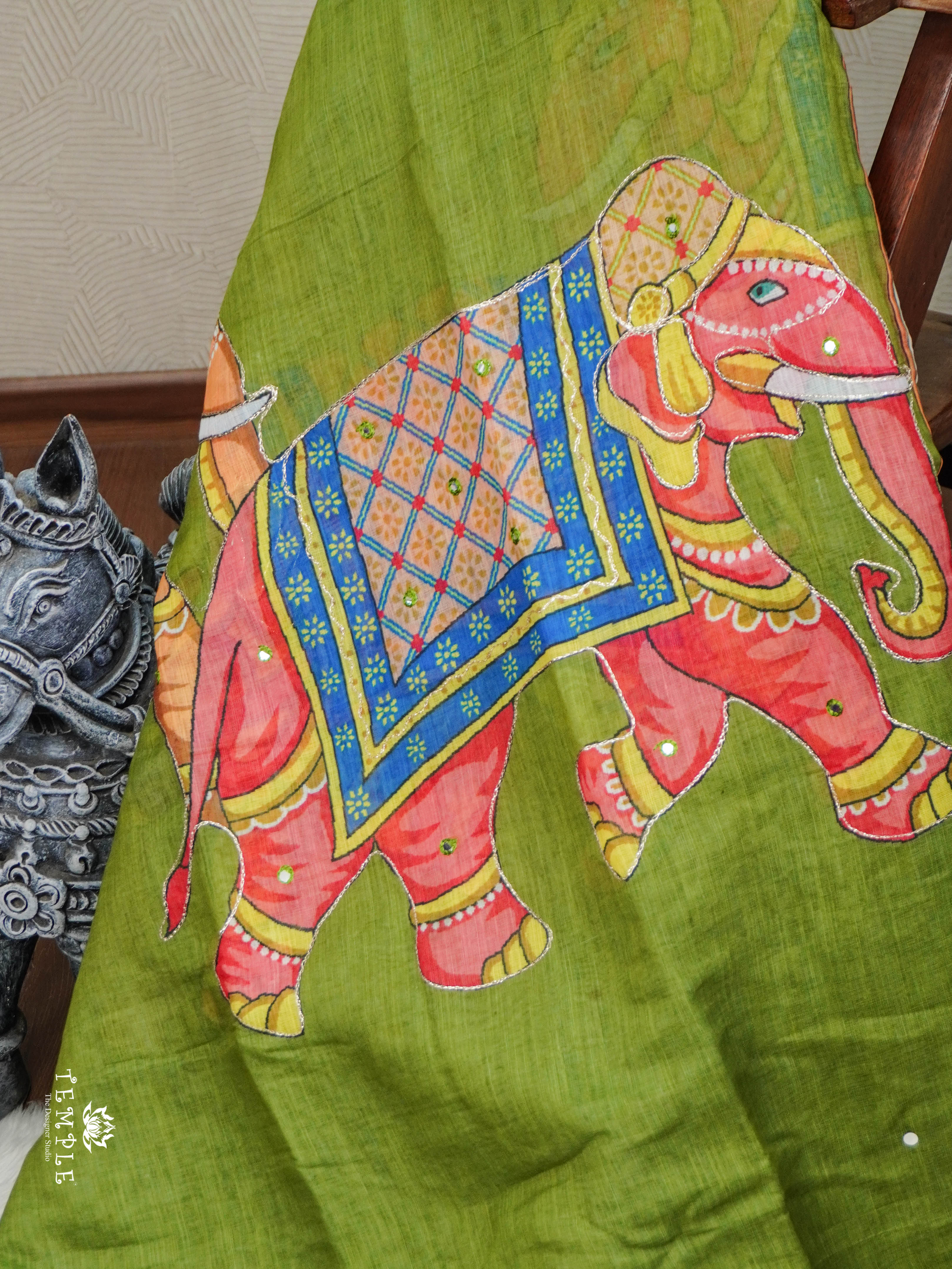 Elephant Printed Linen Cotton Saree | TTDS2976