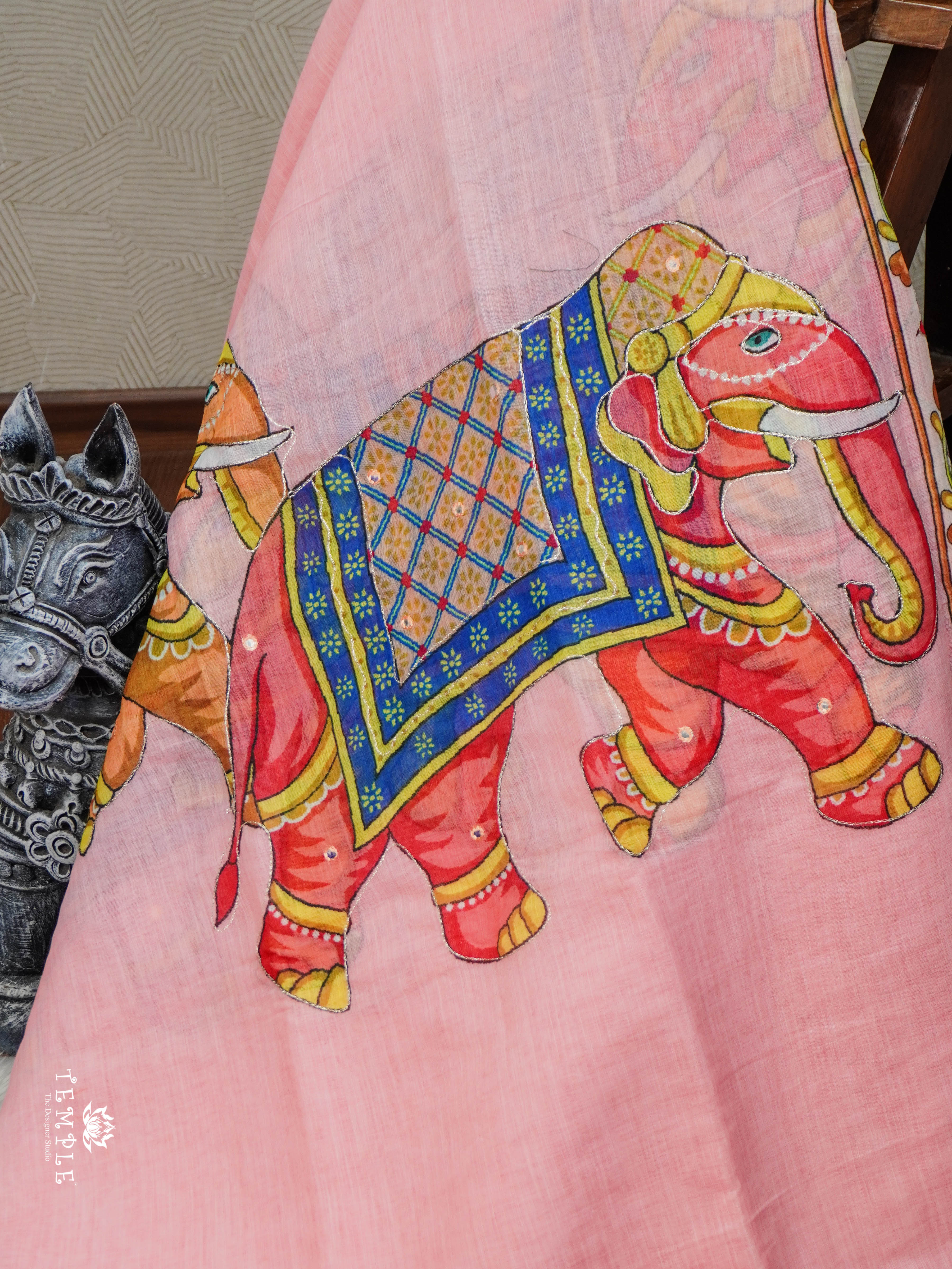 Elephant Printed Linen Cotton Saree | TTDS2976