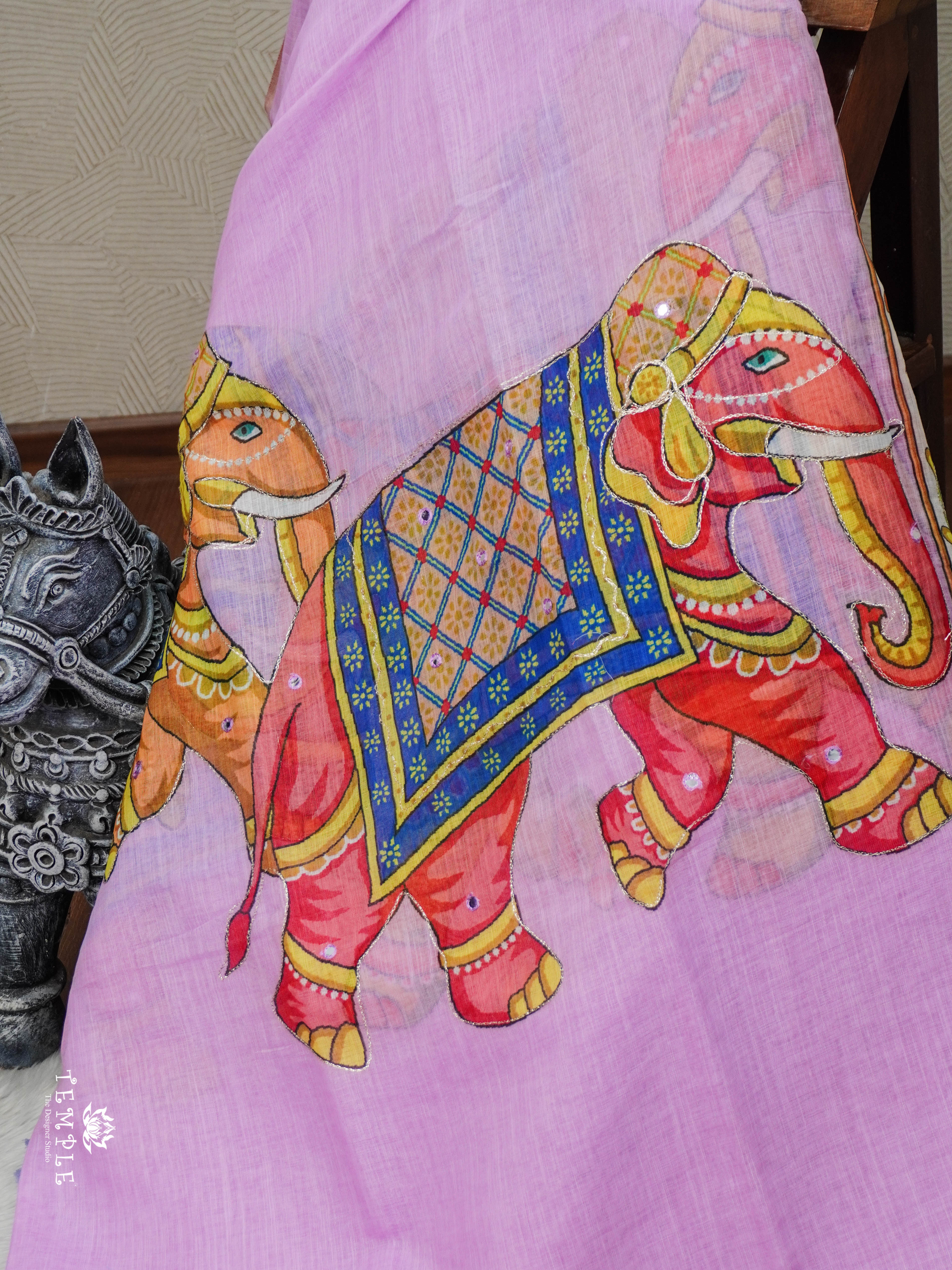 Elephant Printed Linen Cotton Saree | TTDS2976