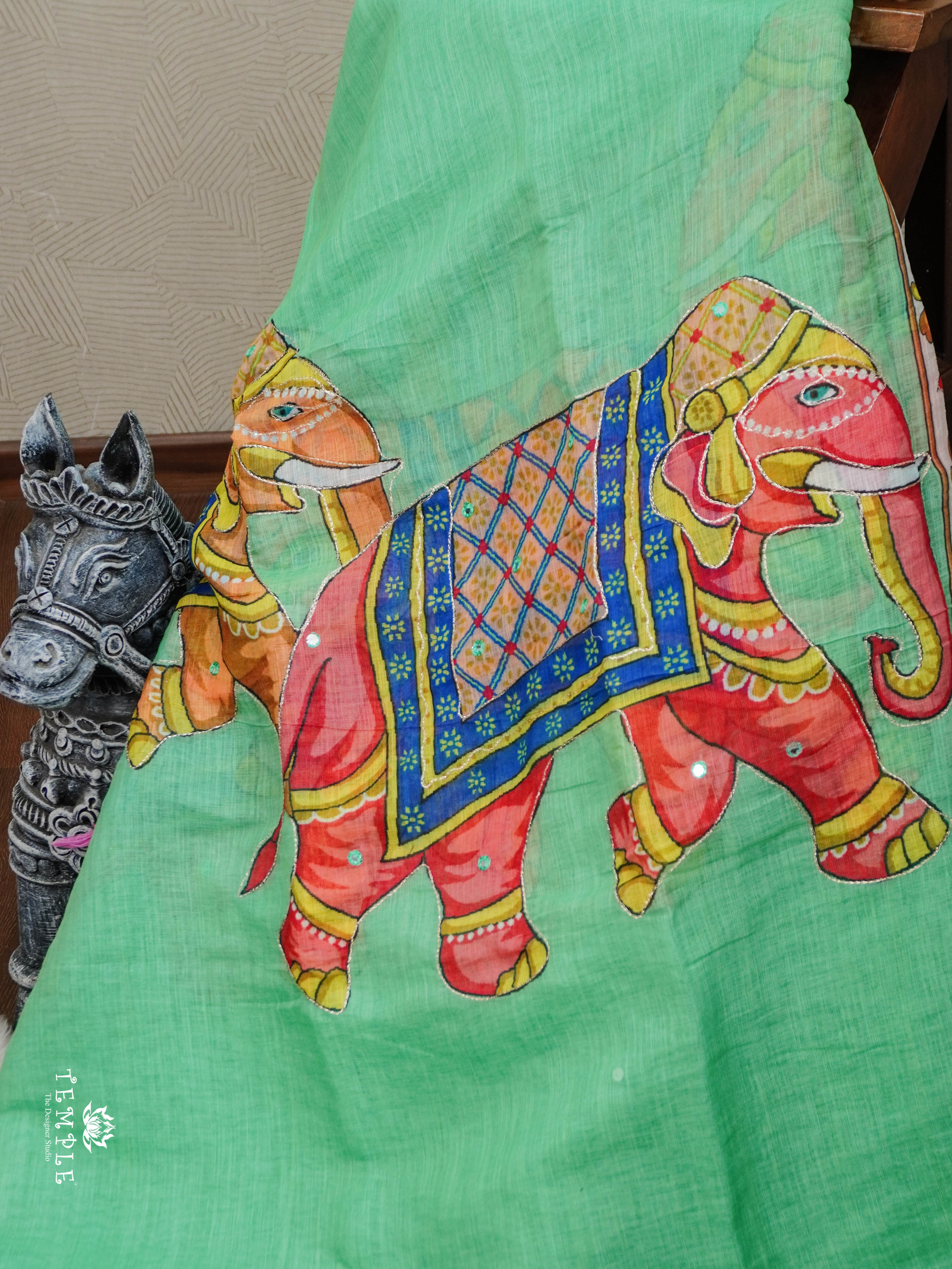 Elephant Printed Linen Cotton Saree | TTDS2976