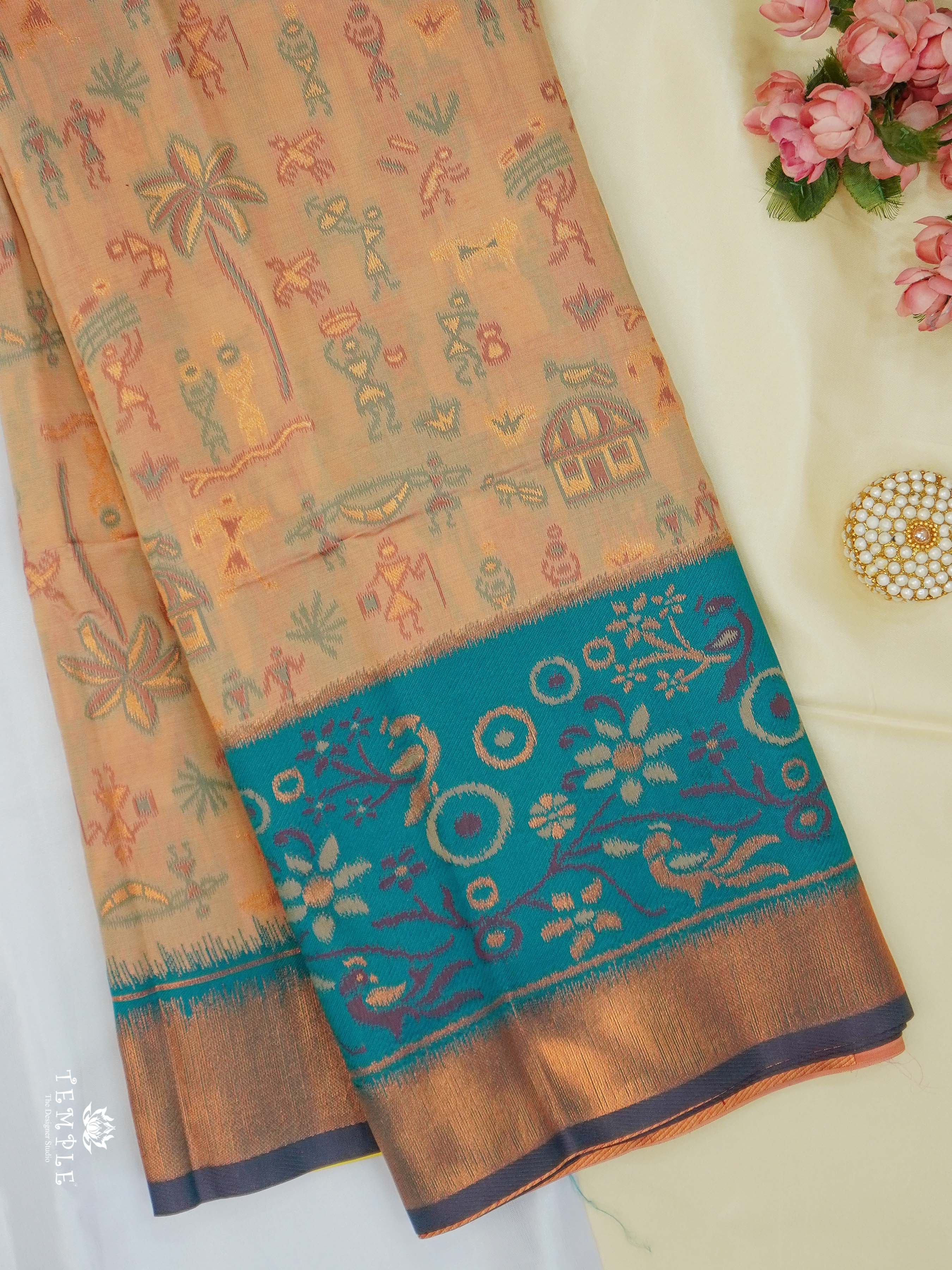 Warli Printed Art Silk Sarees(Lite Orange) | TTDS2519
