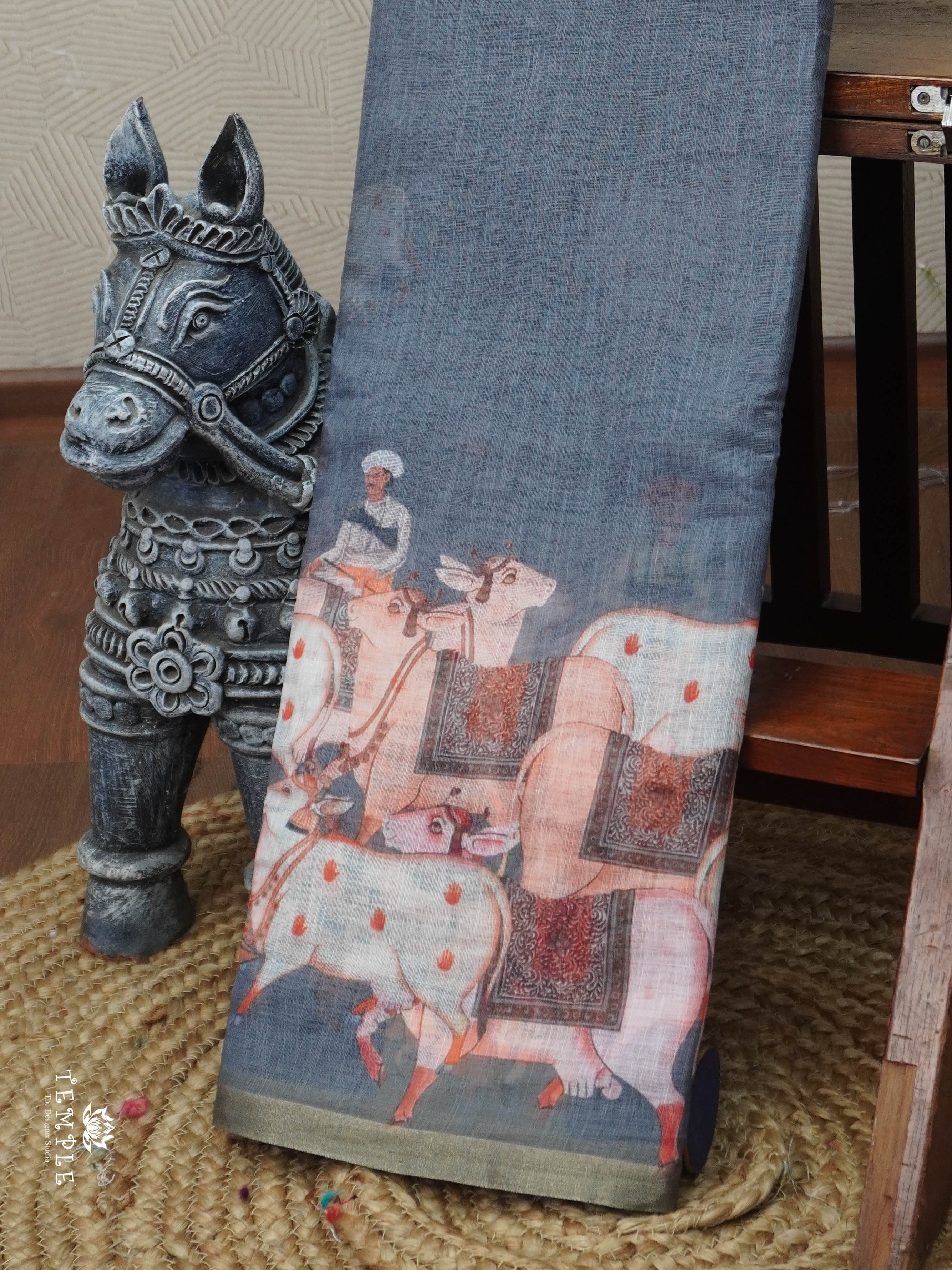 Pichwai Printed Linen Cotton Saree | TTDS3050