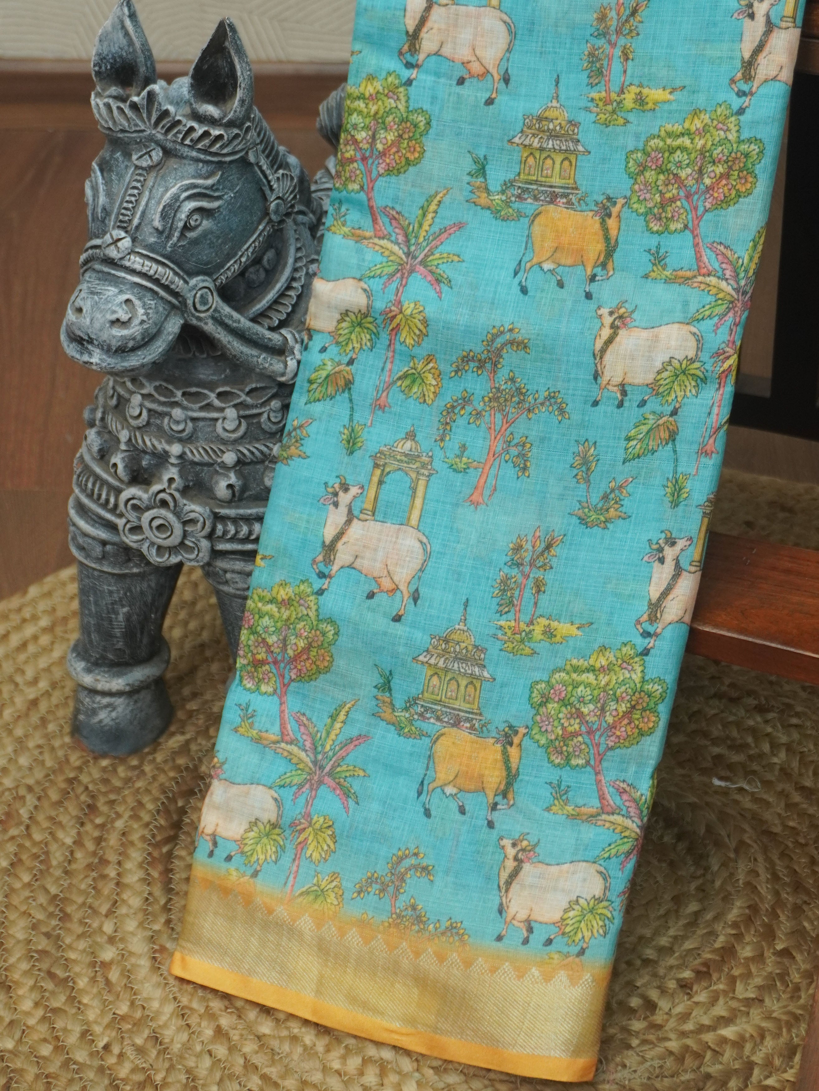Pichwai Printed Linen Cotton Saree | TTDS3522