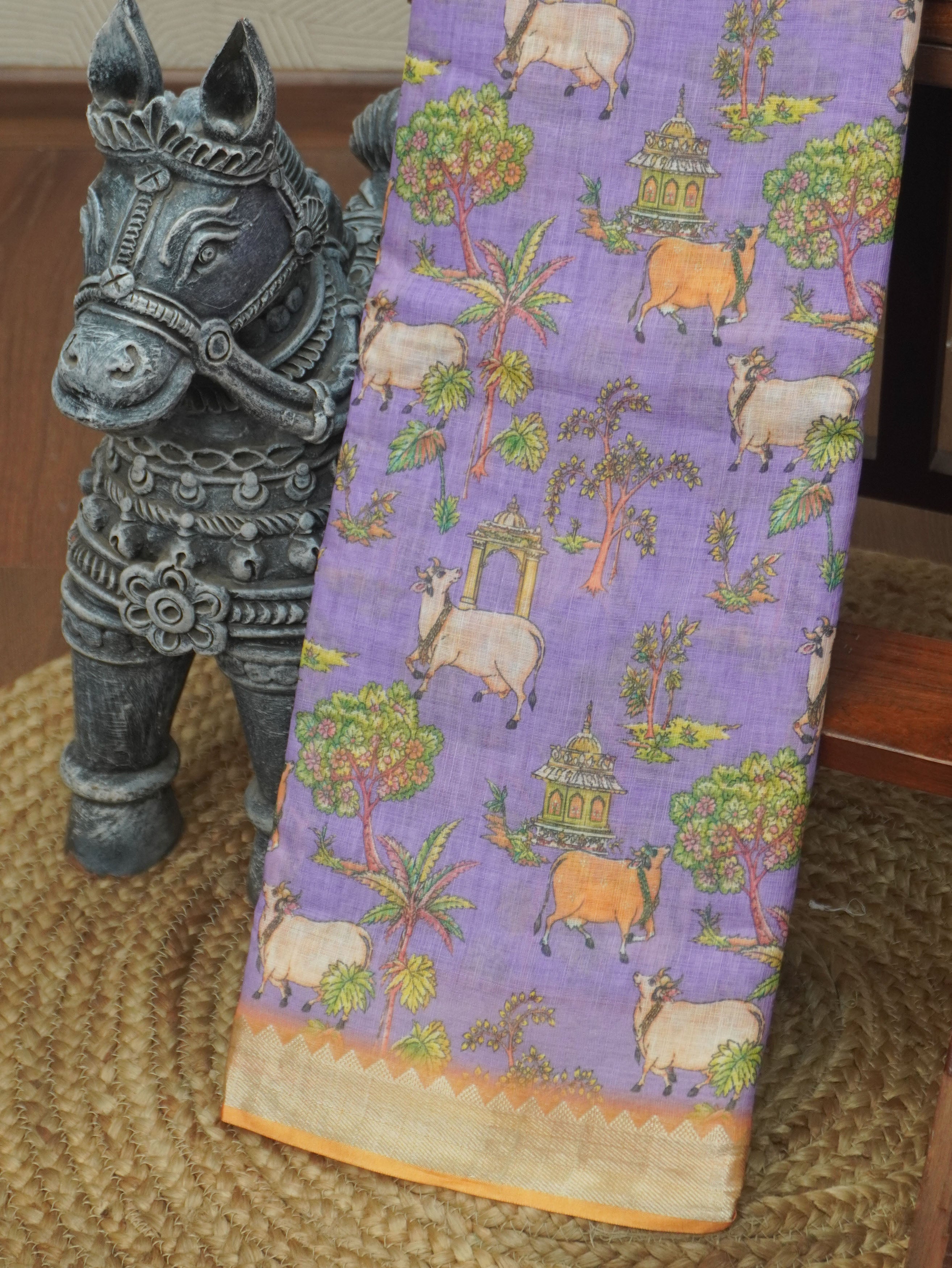 Pichwai Printed Linen Cotton Saree | TTDS3522