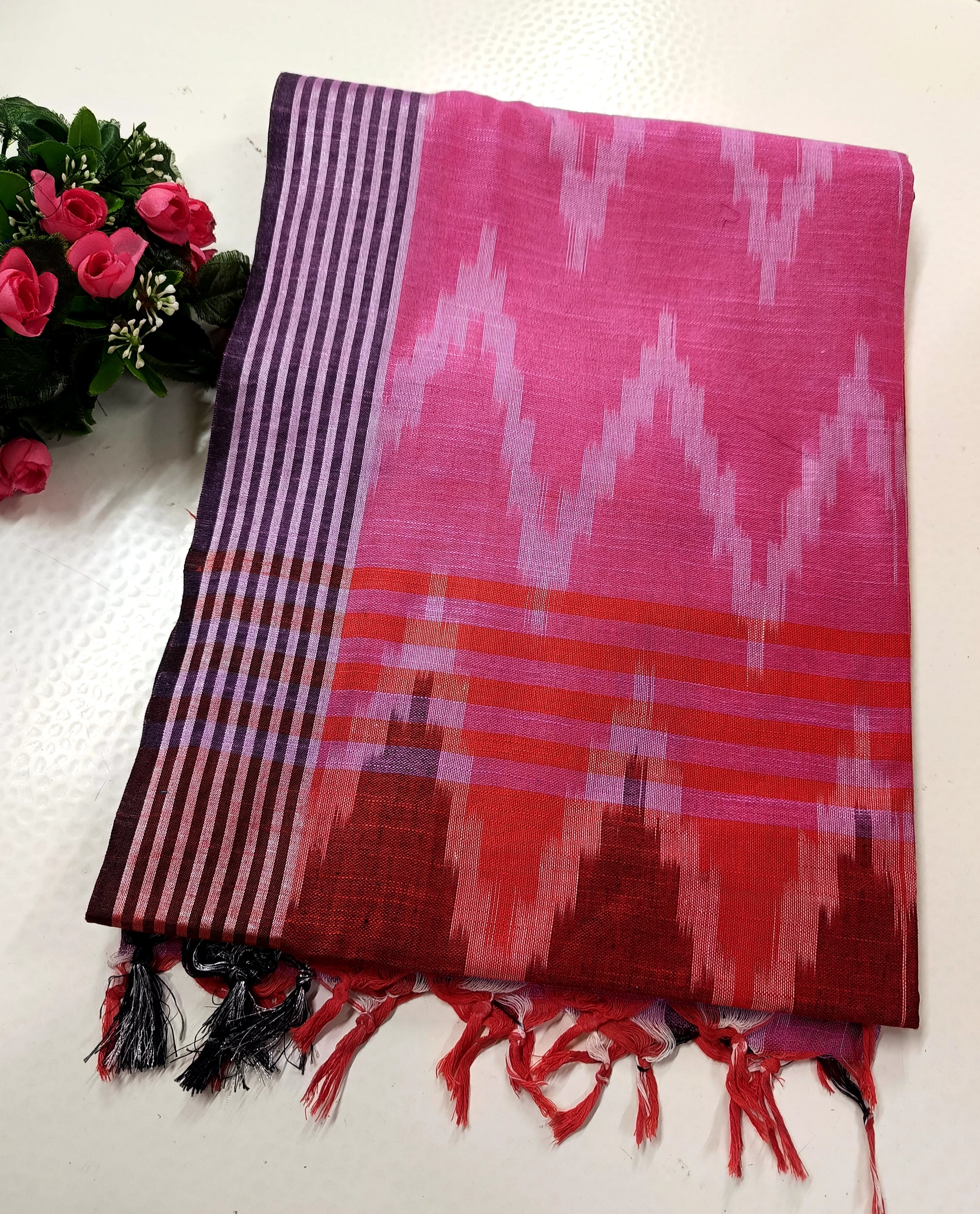 Linen Cotton Saree with Ikkat Prints | TTDS2061