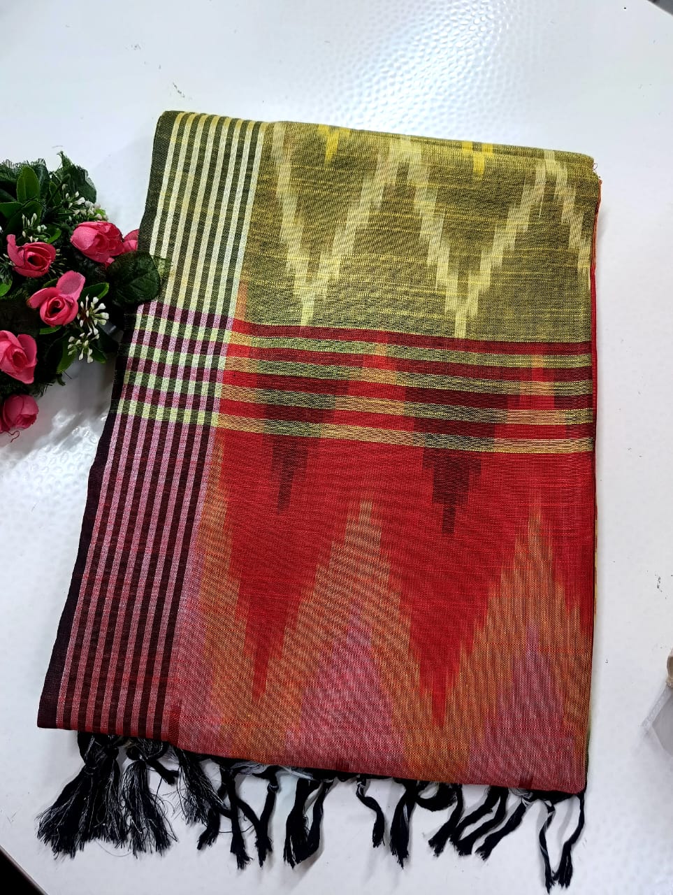 Linen Cotton Saree with Ikkat Prints | TTDS2061