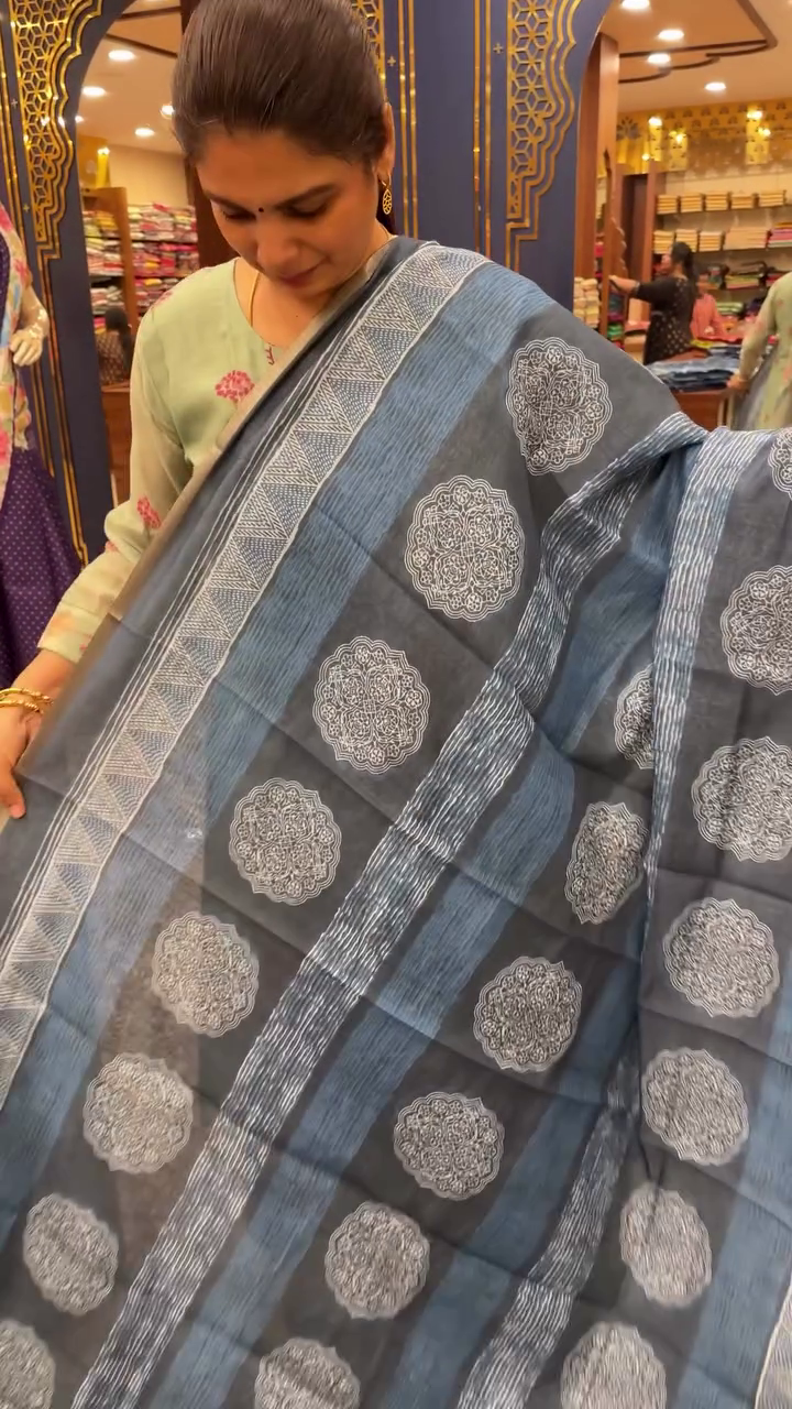 Linen Indigo Cotton Saree | TTDS2654