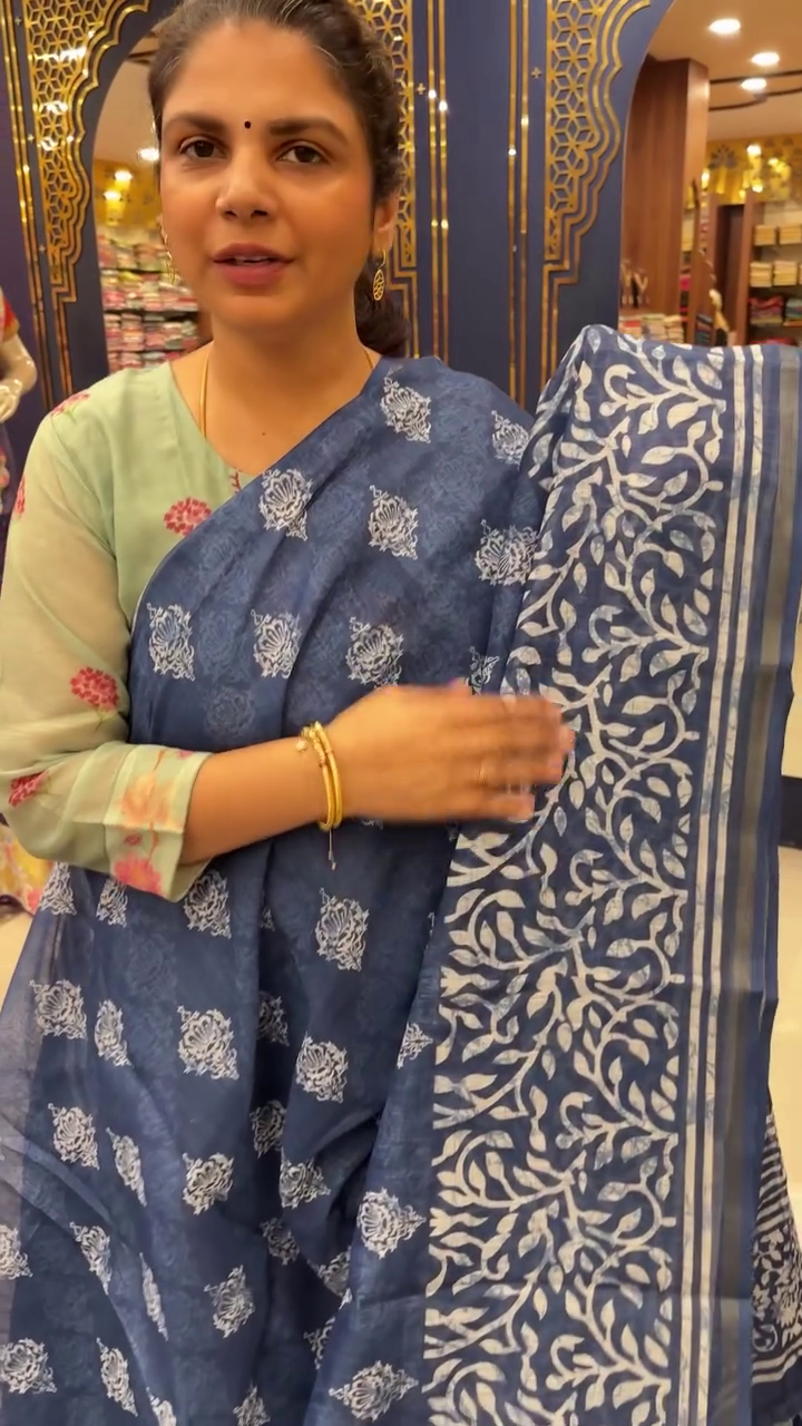 Linen Indigo Cotton Saree | TTDS2654