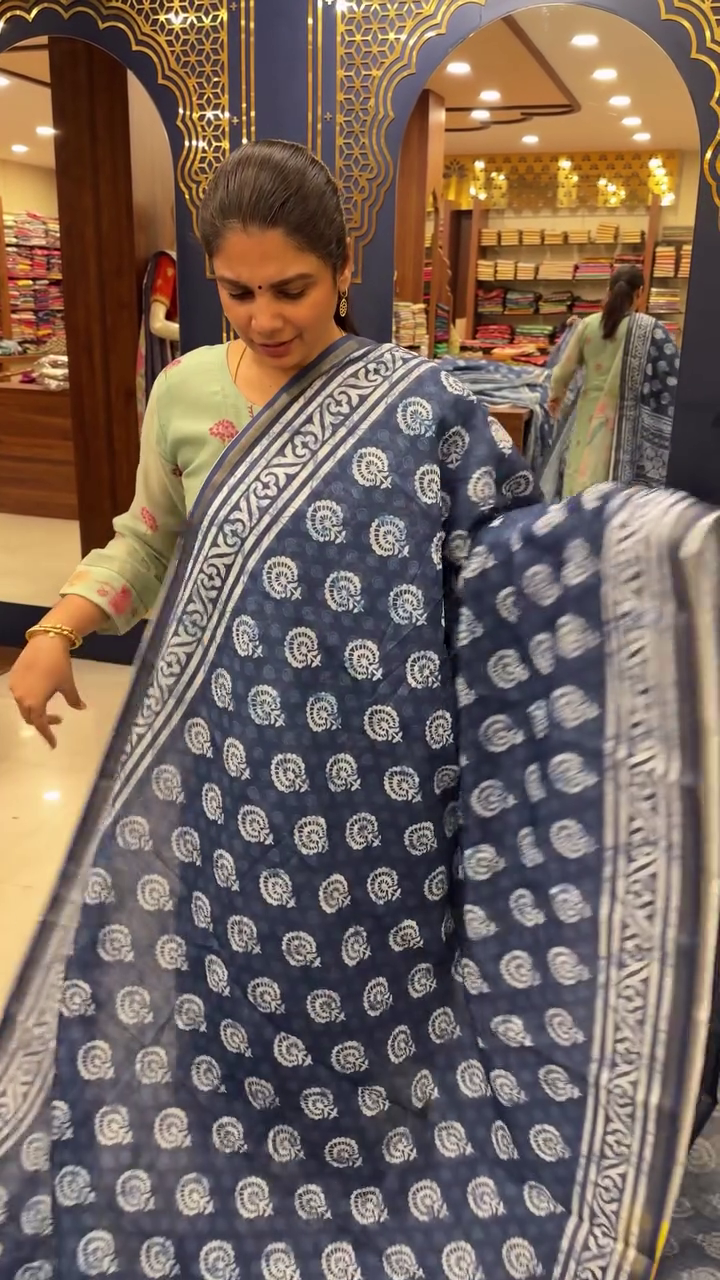 Linen Indigo Cotton Saree | TTDS2654