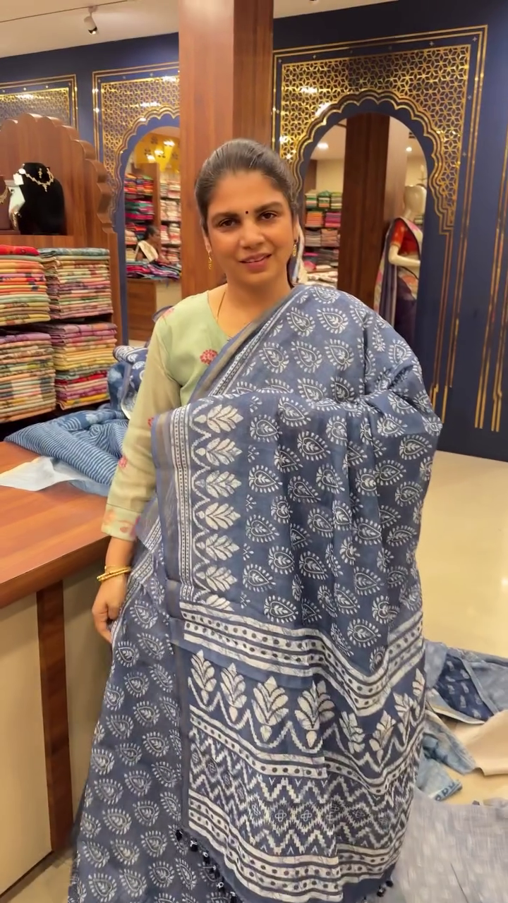 Linen Indigo Cotton Saree | TTDS2654