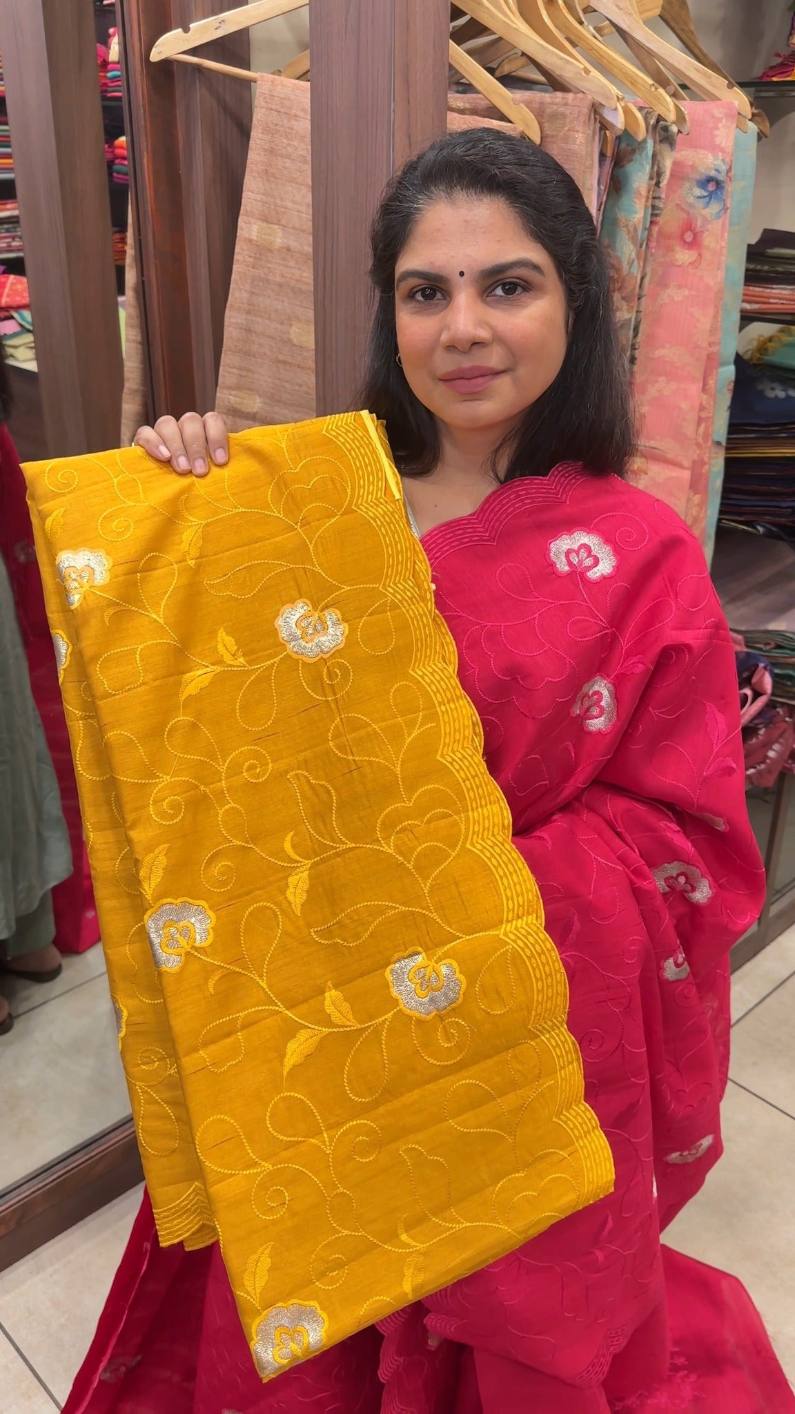 Raw silk, richly embroidered.

Raw Silk Saree With Embroidery Work
...