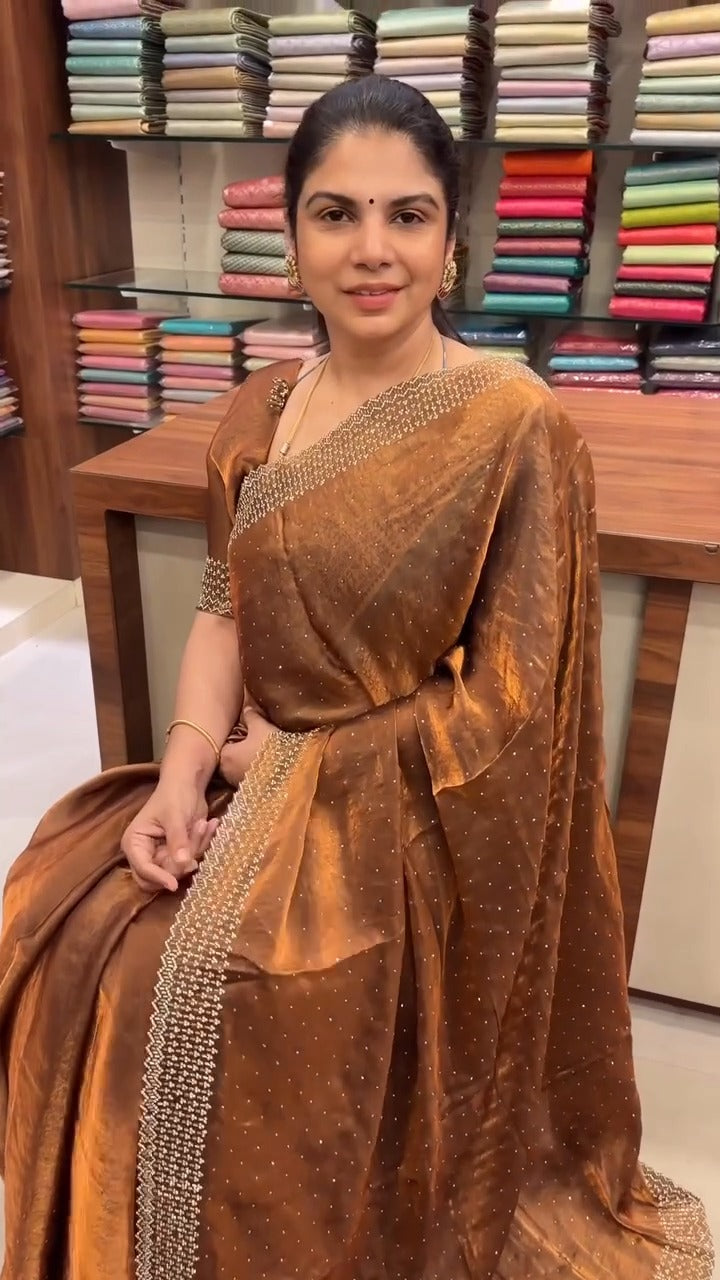Fendi Designer Saree with Stone Work

A classy bronze-coloured Fend...