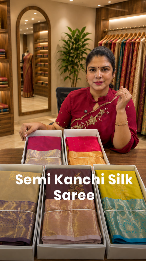 Saree Name -  Semi Kanchi Silk Saree 

Blouse - Contrast Blouse

Le...
