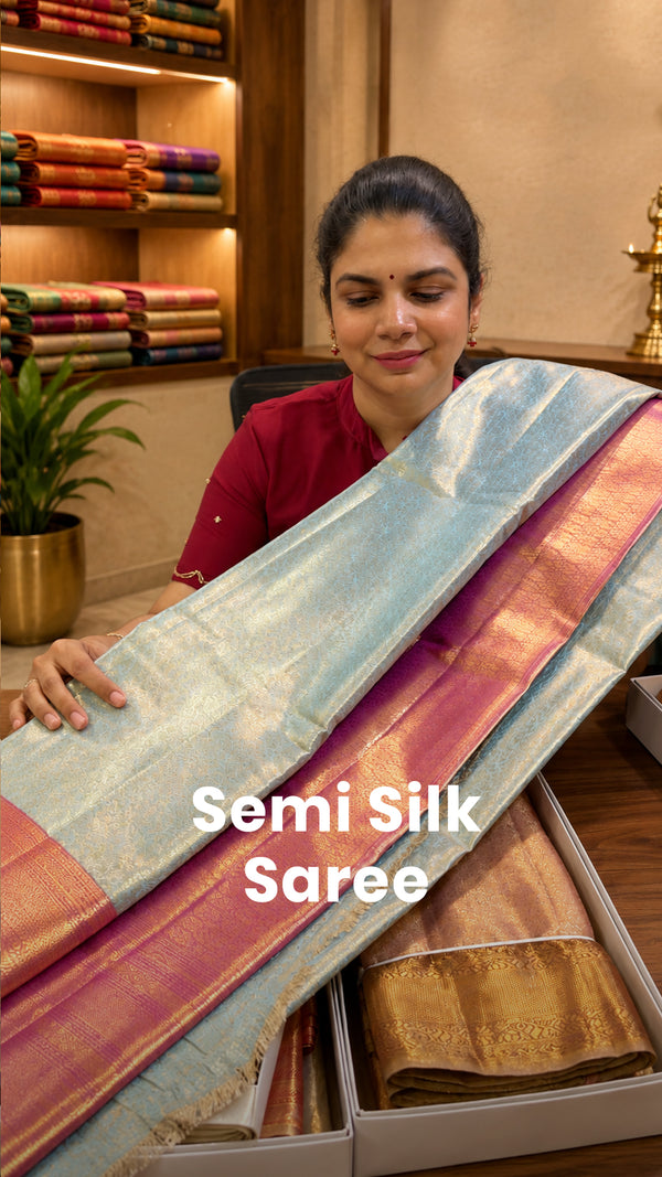Saree Name - Semi Silk Saree

Blouse - Contrast Blouse

Length - 5m...