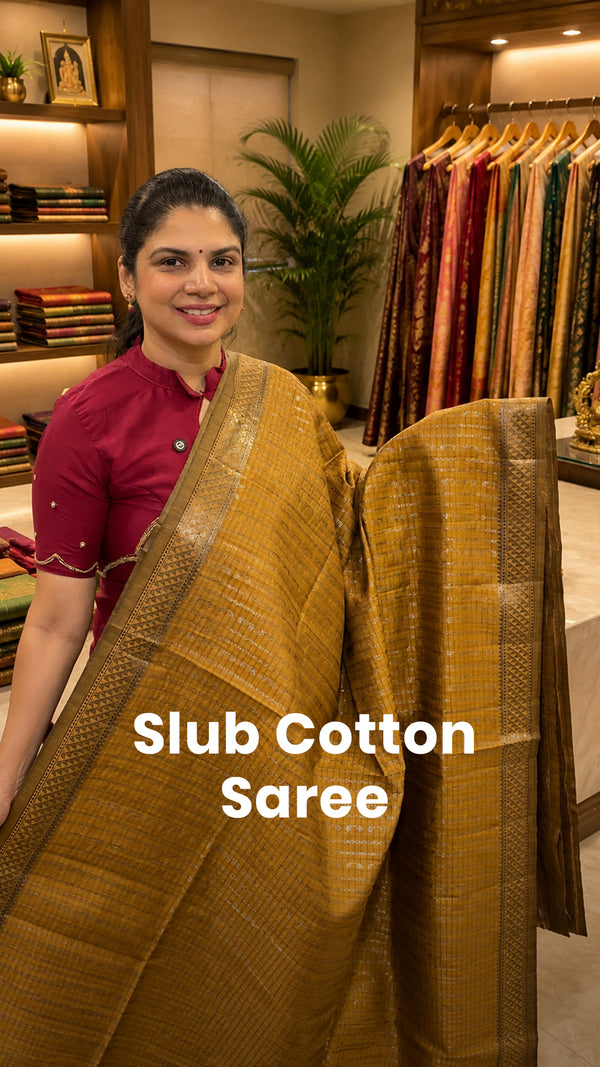 Saree Name -  Slub Cotton Saree 

Length - 5mtrs to 5.5mtrs

Delive...