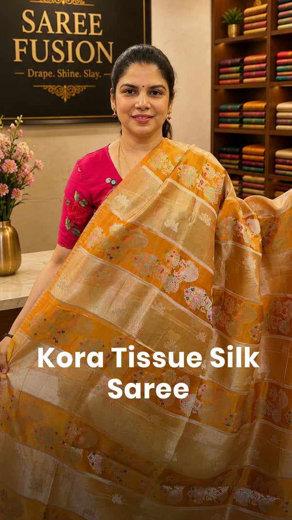 Saree Name -  Kora Tissue Silk Saree

Blouse - Brocade Blouse

Leng...
