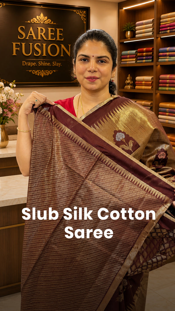 Saree Name - Slub Silk Cotton Saree

Blouse - Self Colour Blouse

L...