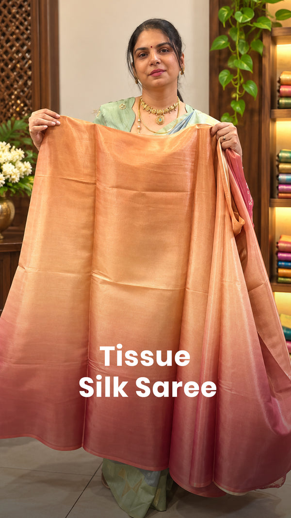 Saree Name - Tissue Silk Saree

Length - 5mtrs to 5.5mtrs

Delivery...