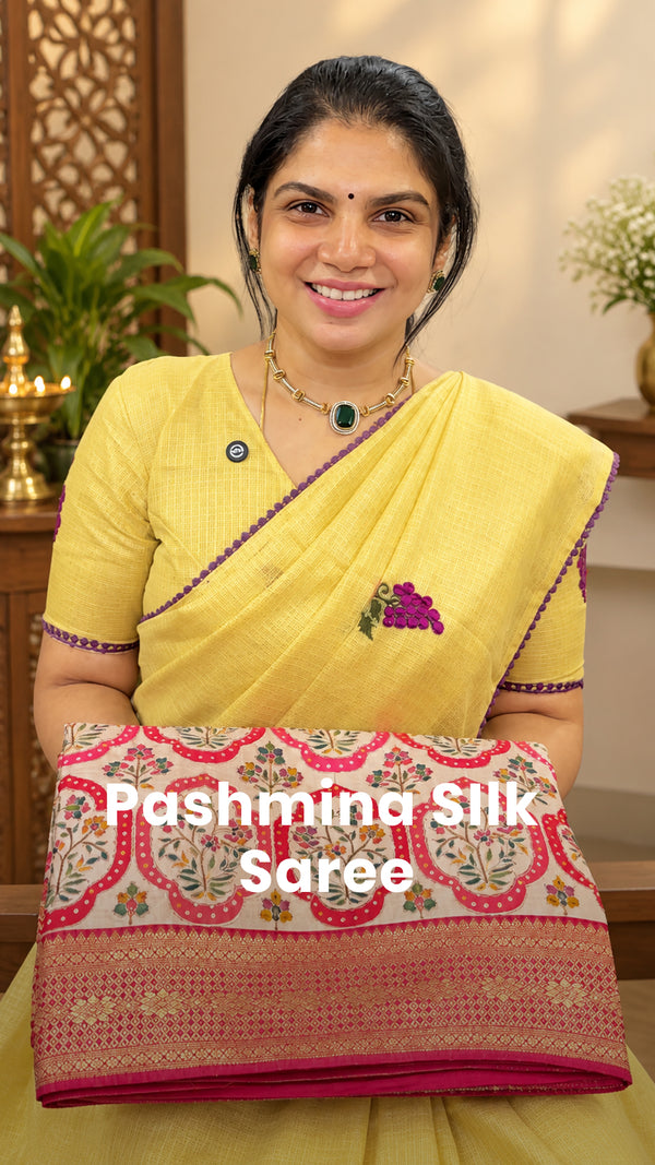 Saree Name -  Pashmina Silk Saree

Blouse - Contrast Blouse

Length...