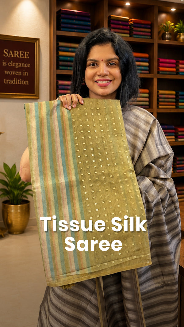 Saree Name - Tissue Silk Saree

Blouse - Self Colour Blouse

Length...