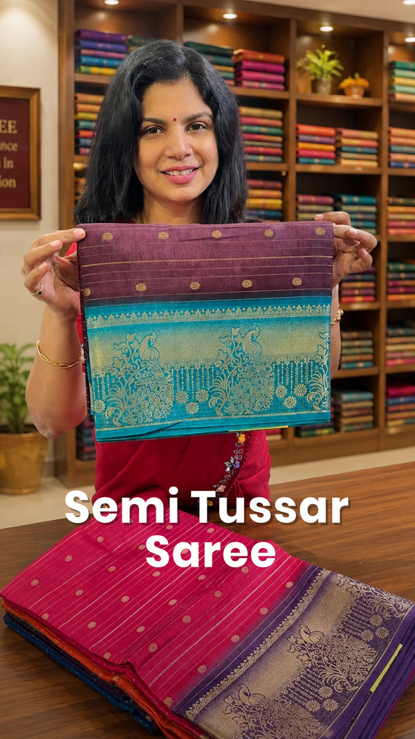 Saree Name - Semi Tussar Saree

Blouse - Contrast Blouse

Length - ...