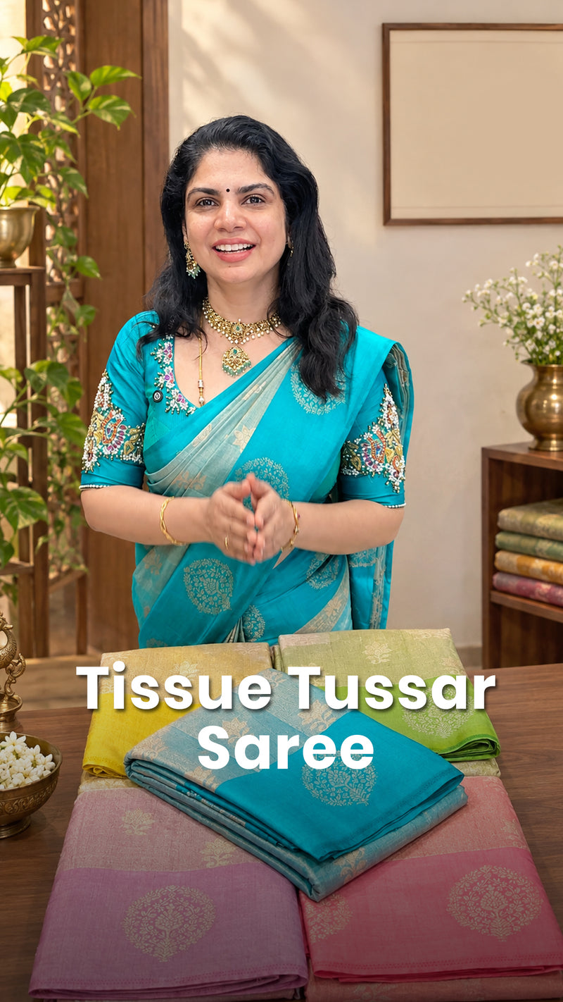 Saree Code - TTDS3510

Saree Name - Tissue Tussar Silk Saree

Blous...