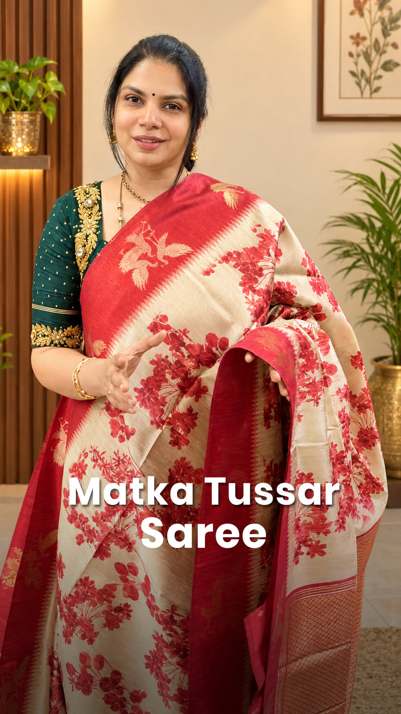 Saree Name - Matka Tussar Saree

Blouse - Contrast Blouse

Price @ ...