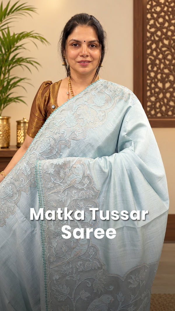 Saree Name - Matka Tussar Saree

Blouse - Self Colour Blouse

Tag P...