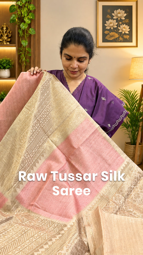 Saree Name - Raw Tussar Silk Saree

Blouse - Contrast Blouse

Price...