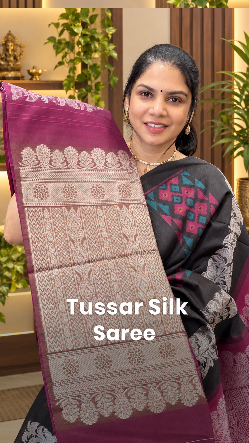 Saree Name - Tussar Silk Saree

Blouse - Contrast Blouse

Length - ...