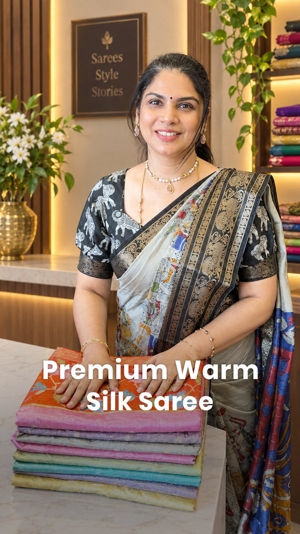 Saree Name - Warm Silk Saree

Blouse - Contrast Blouse

Price - Rs....