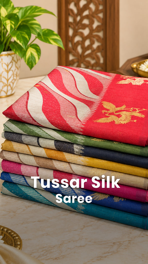Saree Name - Tussar Silk Saree

Blouse - Contrast Blouse

Length - ...