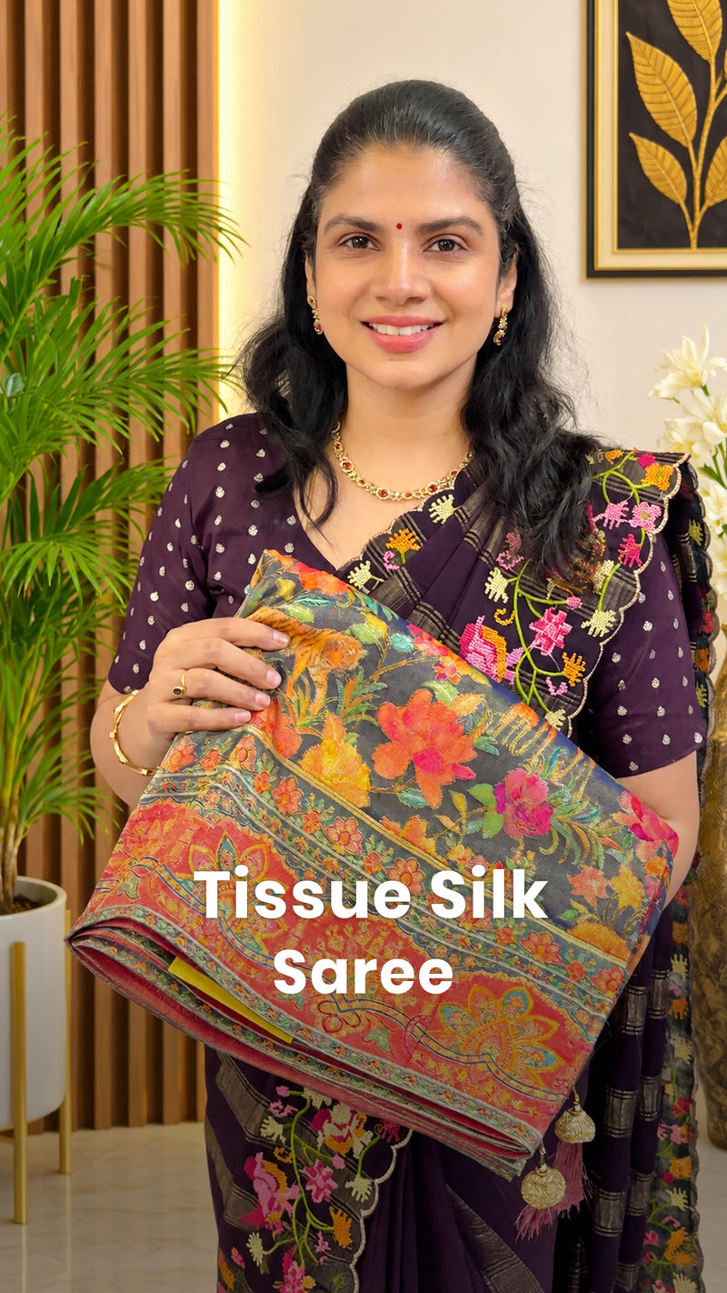 Saree Name - Tissue Silk Saree

Blouse - Contrast Blouse

Length - ...