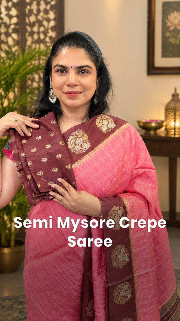 Saree Name - Semi Mysore Crepe Saree

Blouse - Contrast Blouse

Len...
