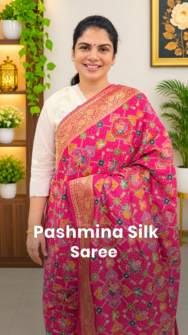 Saree Name - Pashmina Silk Saree

Price - Rs.6900/-

Length - 5mtrs...