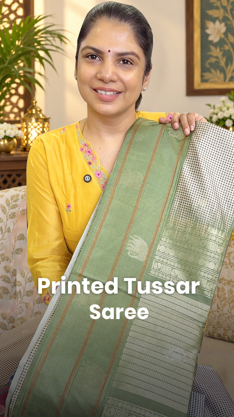 Saree Name - Printed Tussar Saree

Blouse -  Contrast Blouse

Price...