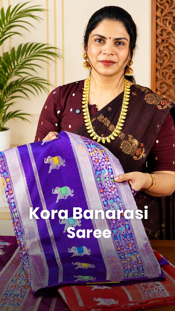 Saree Name - Kora Banarasi Saree

Blouse - Self Colour Blouse

Pric...