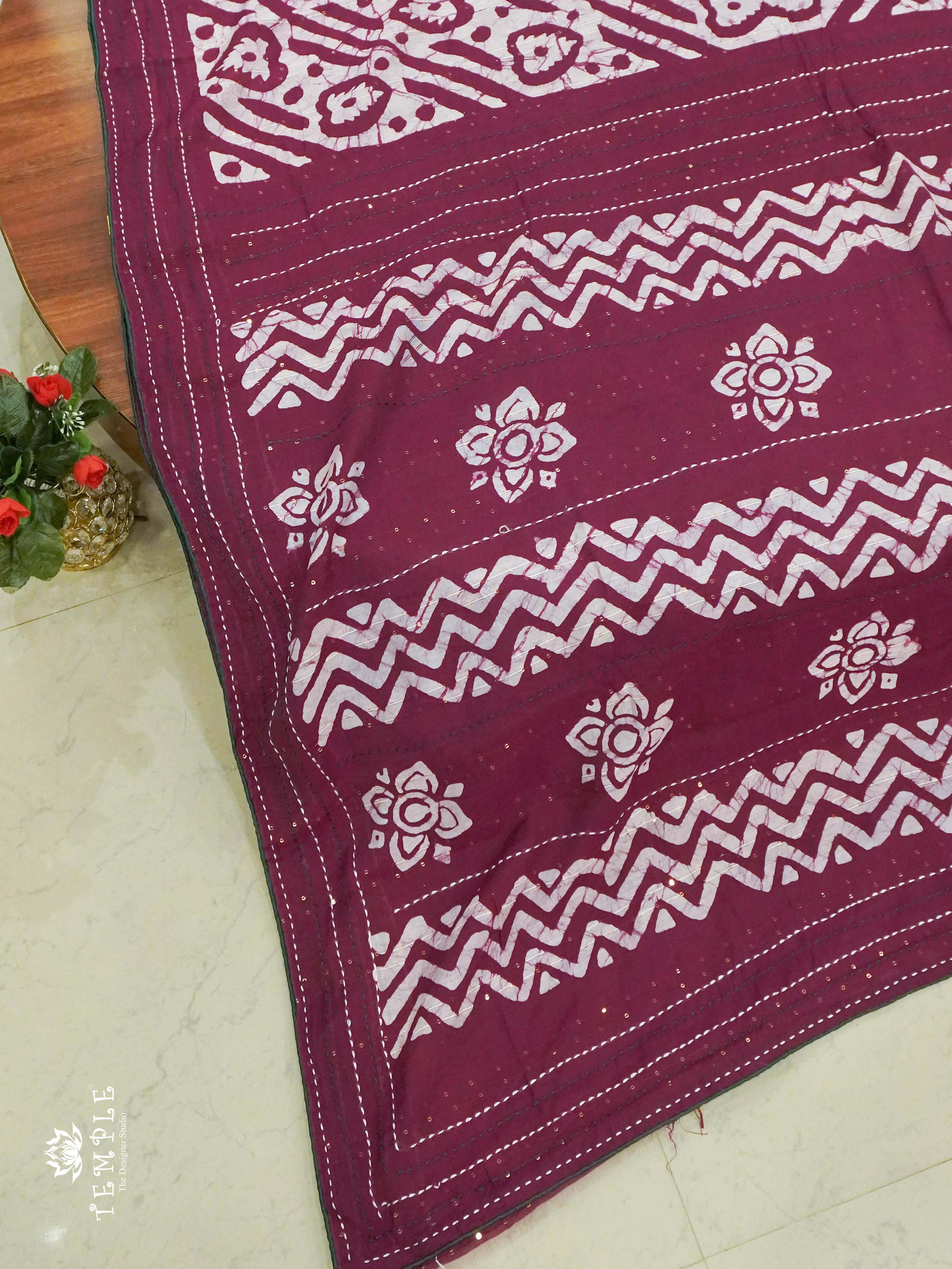 Batik Printed Saree With Kantha Work(Magenta) | TTDS1331 | Sparkling Deals