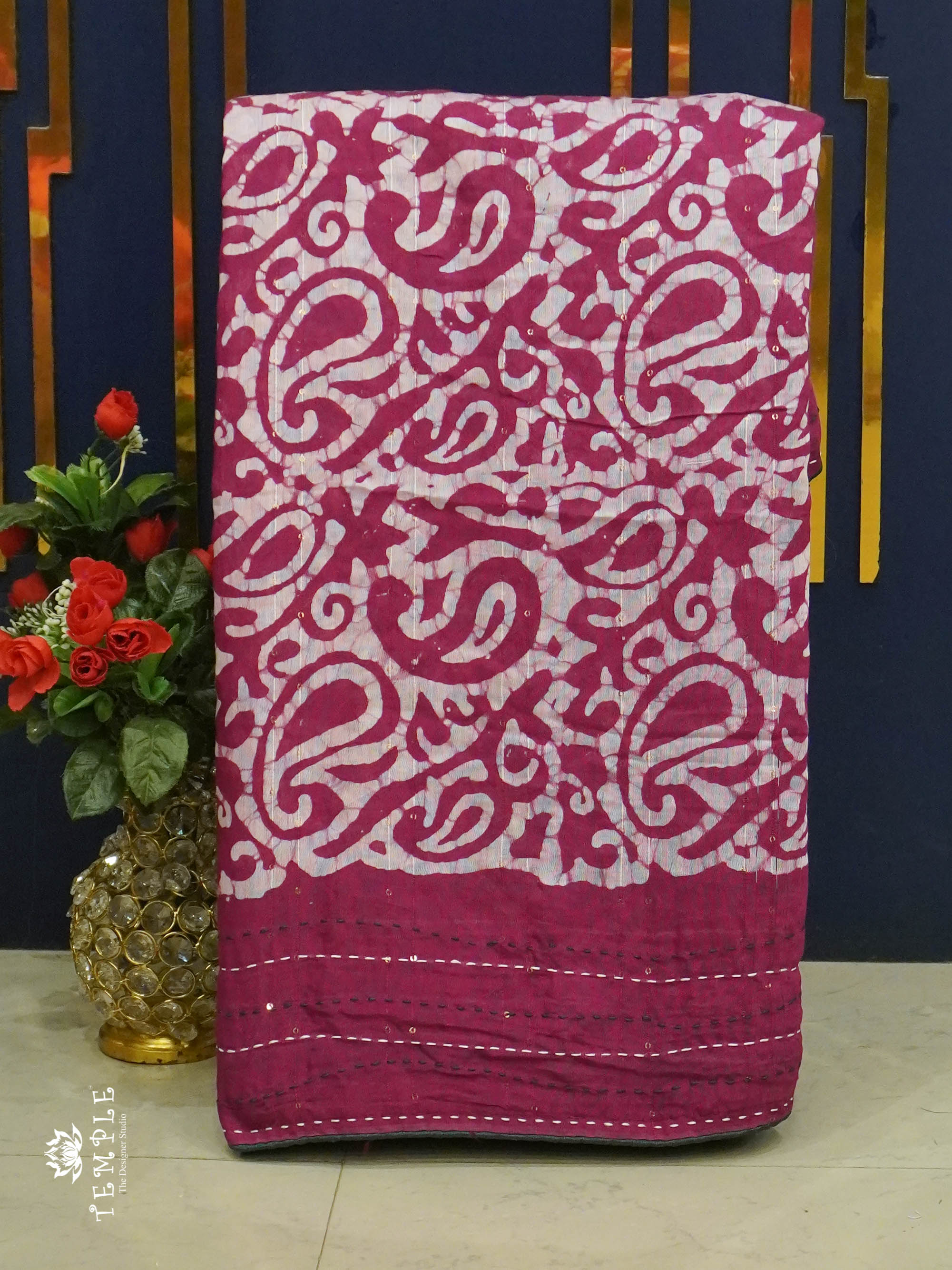 Batik Printed Saree With Kantha Work(Pink) | TTDS1331 | Sparkling Deals