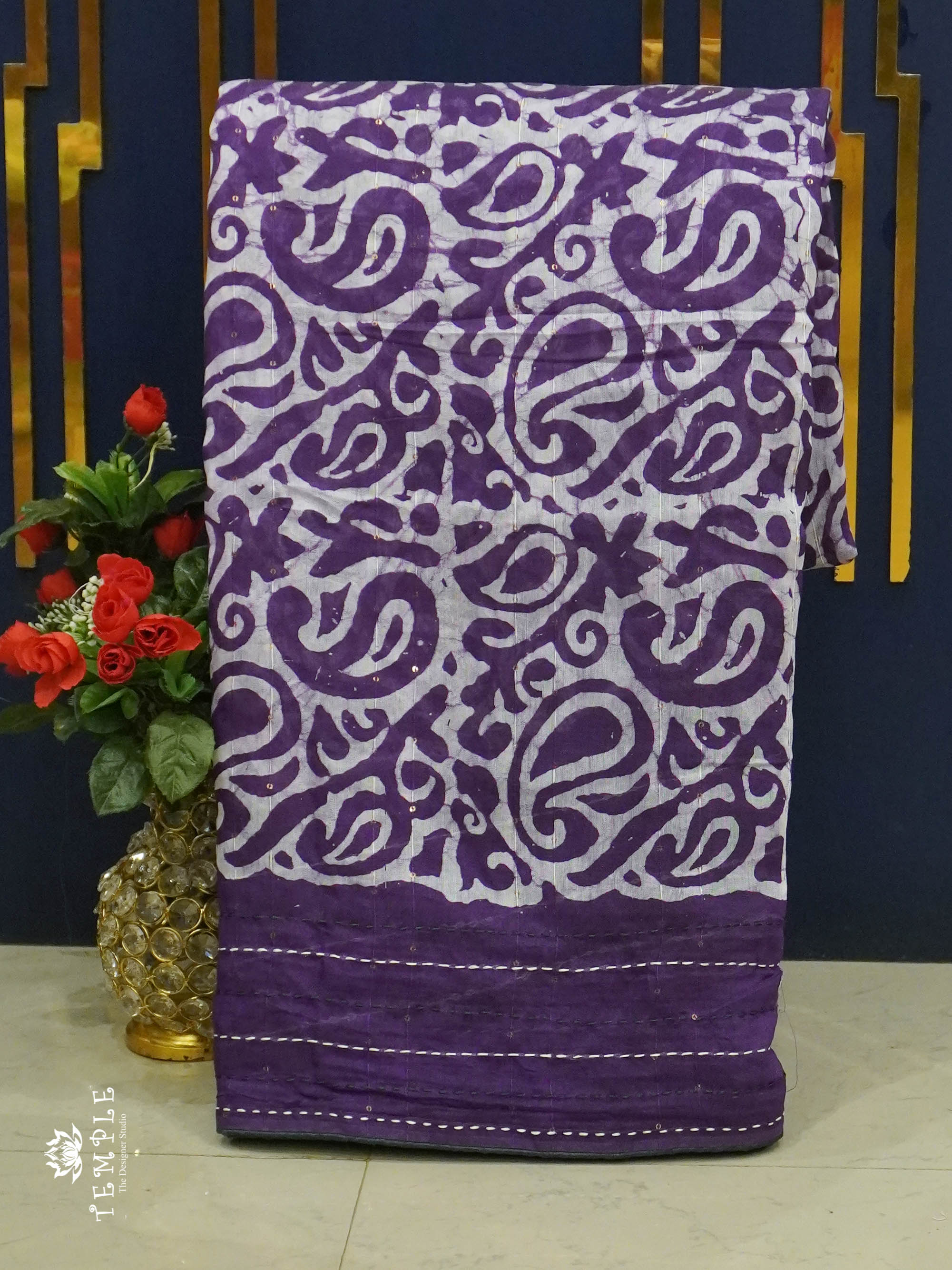 Batik Printed Saree With Kantha Work(Violet) | TTDS1331 | Sparkling Deals